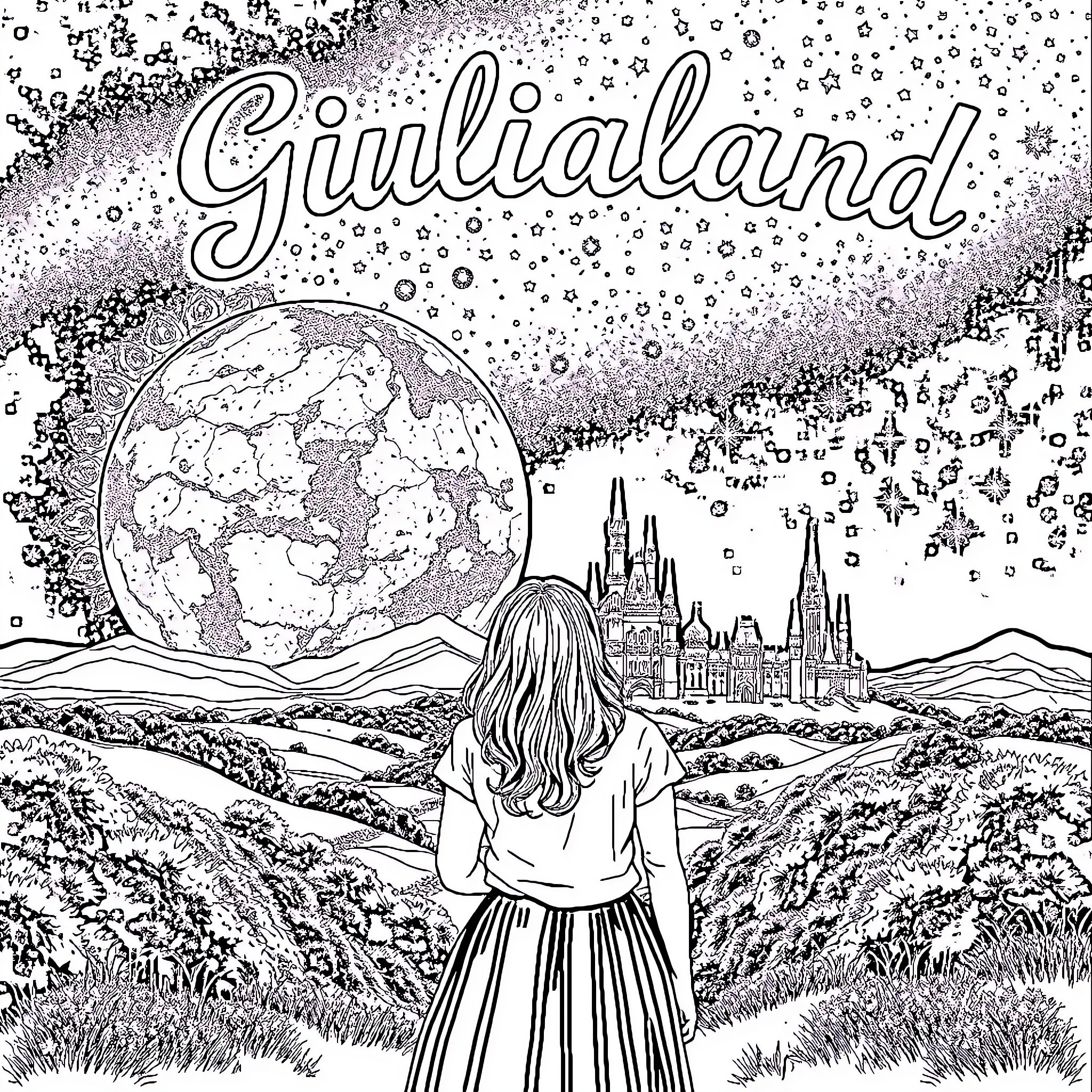 Woman gazing at the fantastical landscape Coloring Page (free black-and-white line drawing printable PDF for all, from beginners to advanced learners, including children, teens, adults, and seniors)