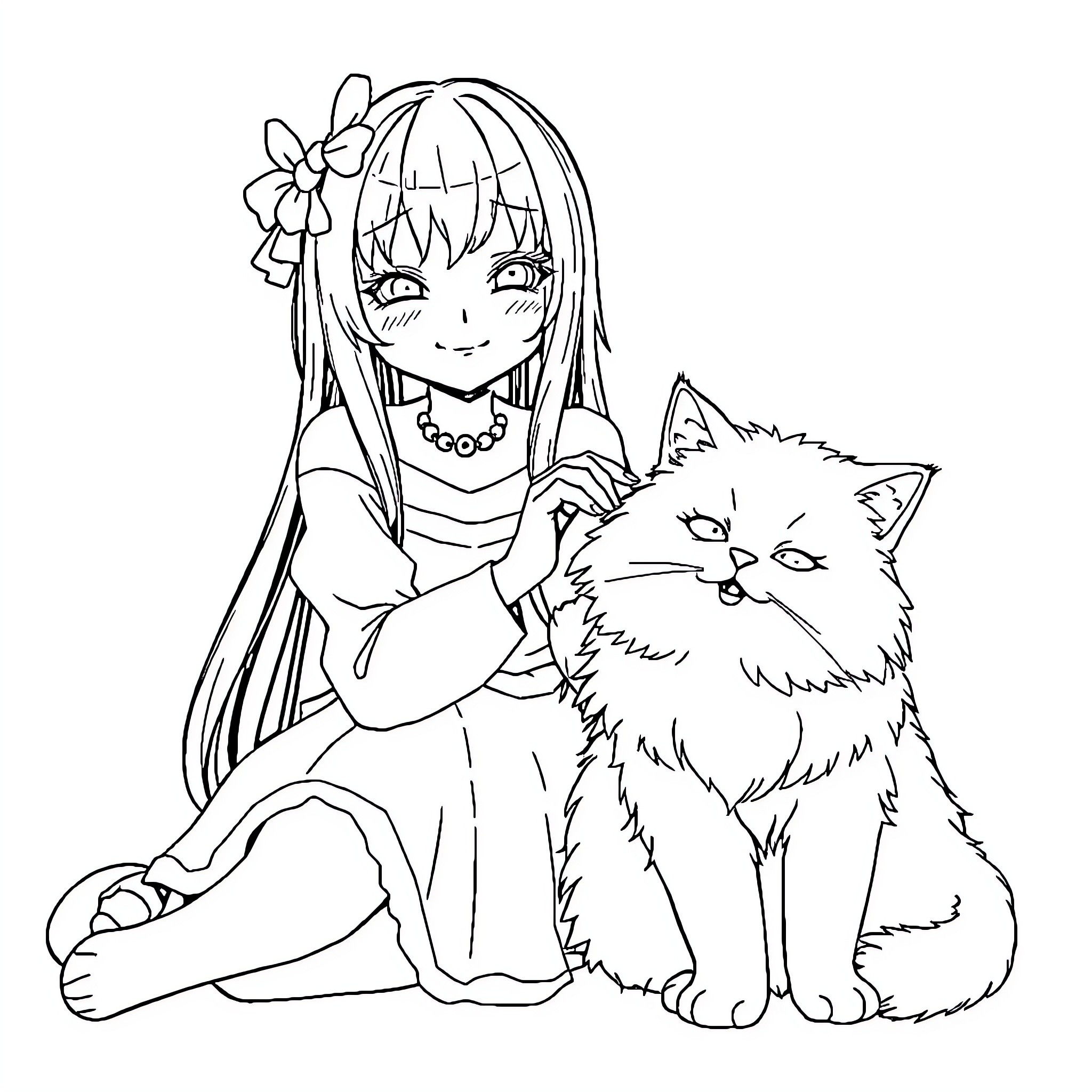 Misa Amani and her fluffy cat companion Coloring Page (free black-and-white line drawing printable PDF for all, from beginners to advanced learners, including children, teens, adults, and seniors)