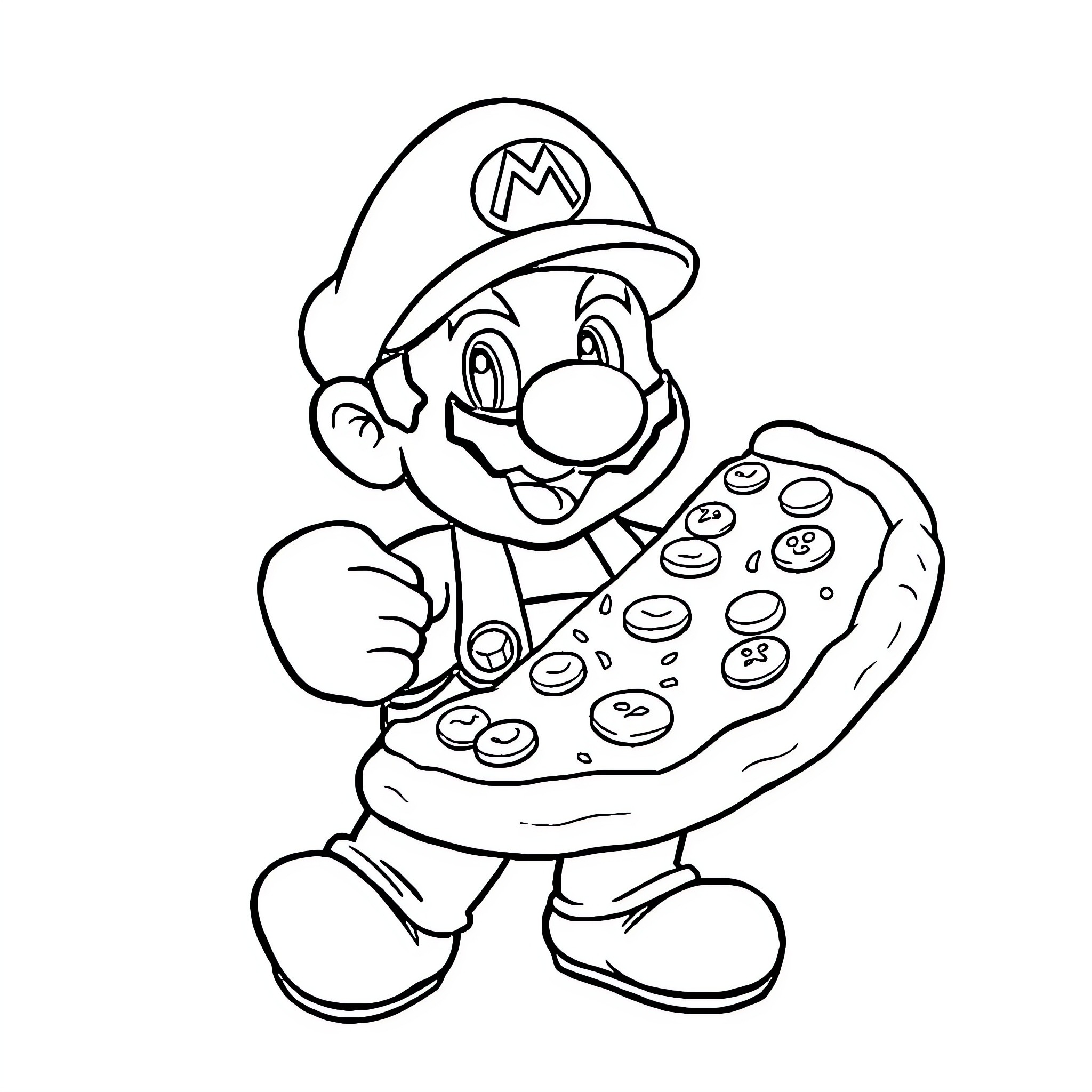 Super Mario Enjoying a Slice of Pizza Coloring Page (free black-and-white line drawing printable PDF for all, from beginners to advanced learners, including children, teens, adults, and seniors)