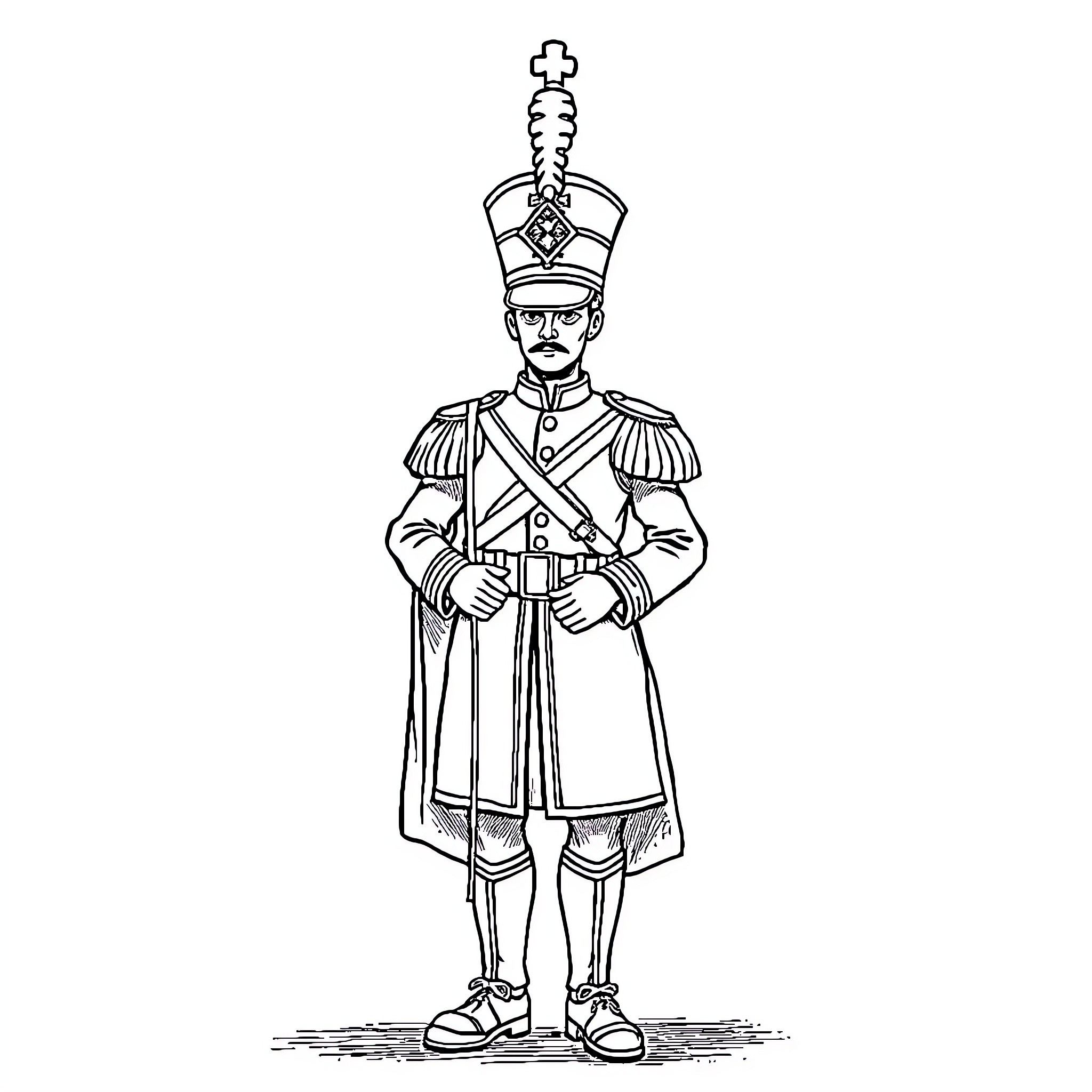 Spanish Guard in Formal Uniform with Ceremonial Accessories Coloring Page (free black-and-white line drawing printable PDF for all, from beginners to advanced learners, including children, teens, adults, and seniors)