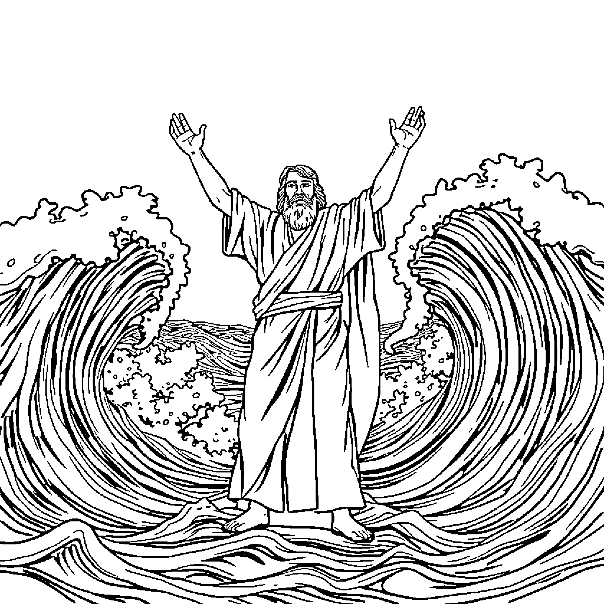 Moses Parting the Seas Coloring Page (free black-and-white line drawing printable PDF for all, from beginners to advanced learners, including children, teens, adults, and seniors)