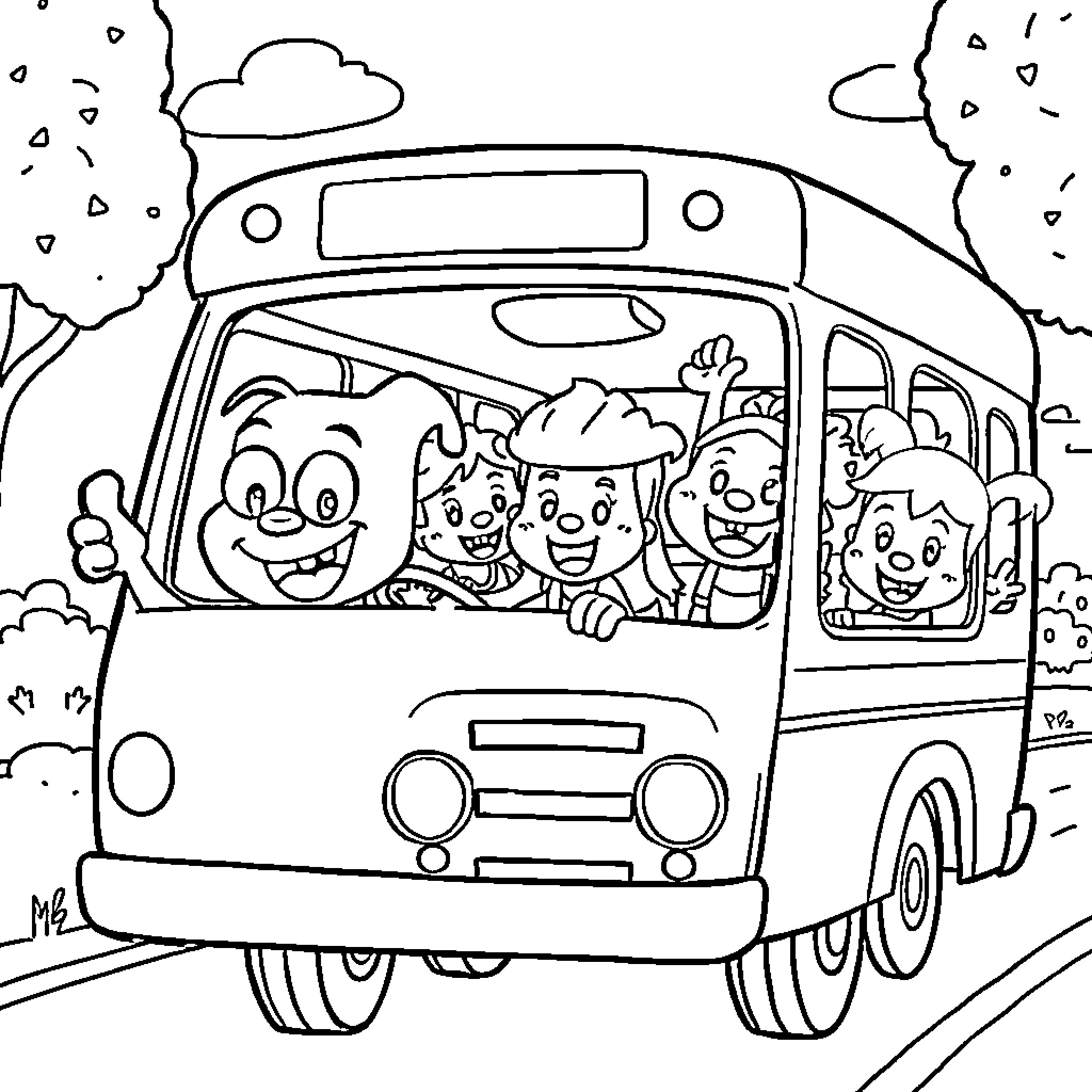Bluey and friends take a bus ride adventure Coloring Page (free black-and-white line drawing printable PDF for all, from beginners to advanced learners, including children, teens, adults, and seniors)