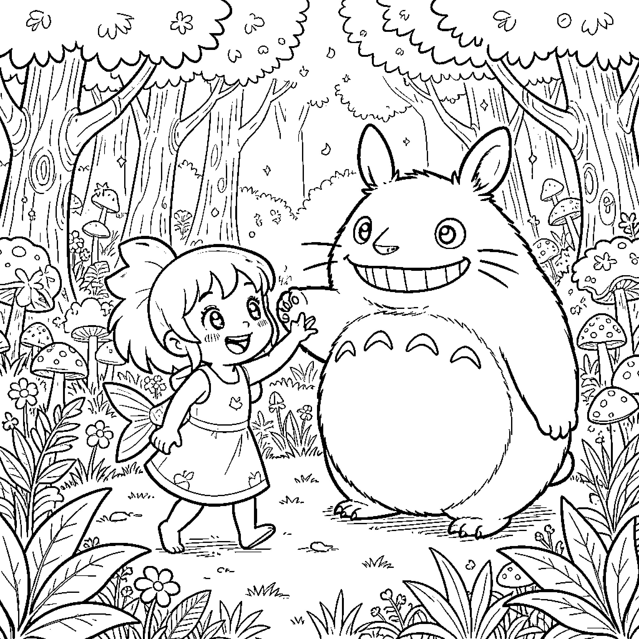 Ponyo and Totoro exploring the enchanted forest Coloring Page (free black-and-white line drawing printable PDF for all, from beginners to advanced learners, including children, teens, adults, and seniors)