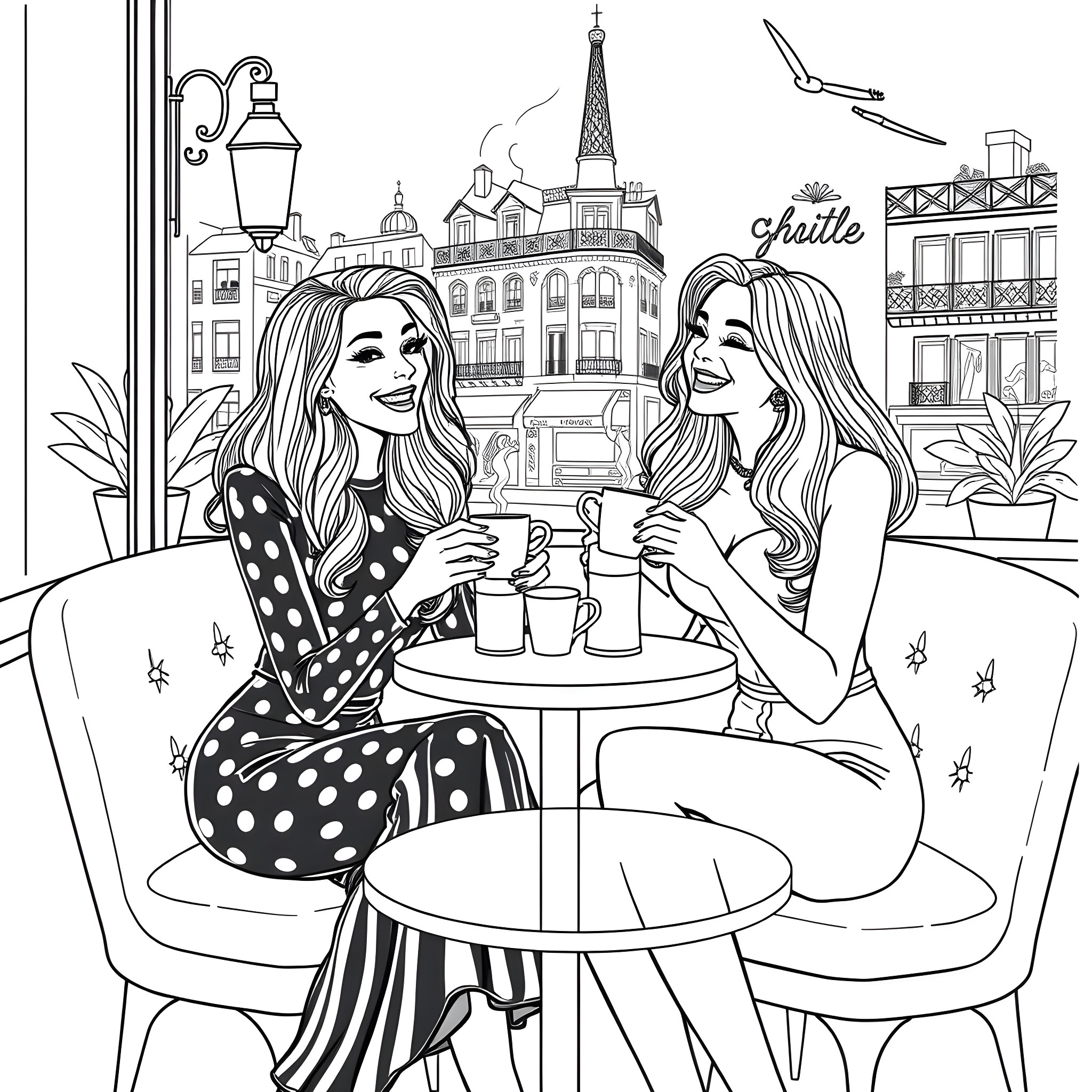 Ava Addams enjoying coffee with friend in Paris cafe Coloring Page (free black-and-white line drawing printable PDF for all, from beginners to advanced learners, including children, teens, adults, and seniors)