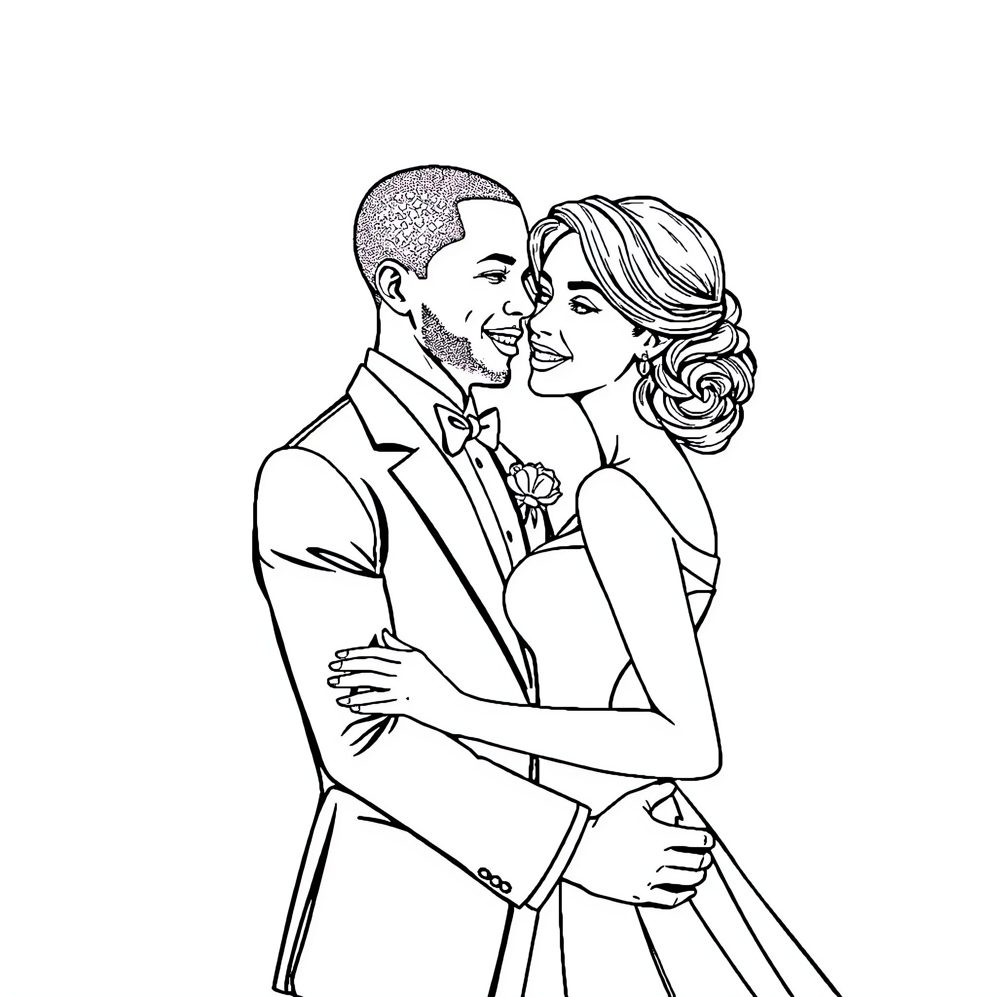 Novio and Novia in Joyful Embrace Coloring Page (free black-and-white line drawing printable PDF for all, from beginners to advanced learners, including children, teens, adults, and seniors)