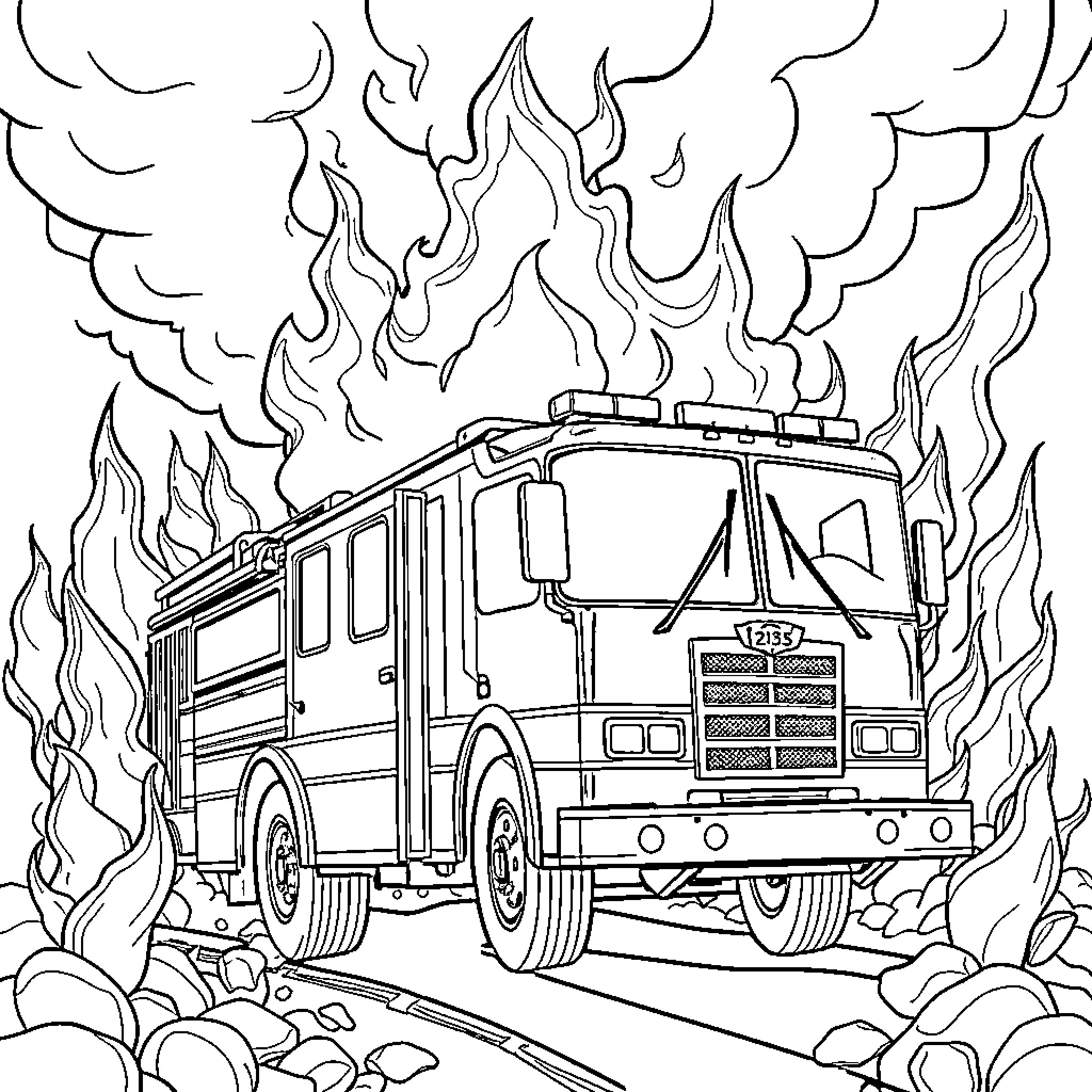 Fire Truck Rushing Through Flames Coloring Page (free black-and-white line drawing printable PDF for all, from beginners to advanced learners, including children, teens, adults, and seniors)
