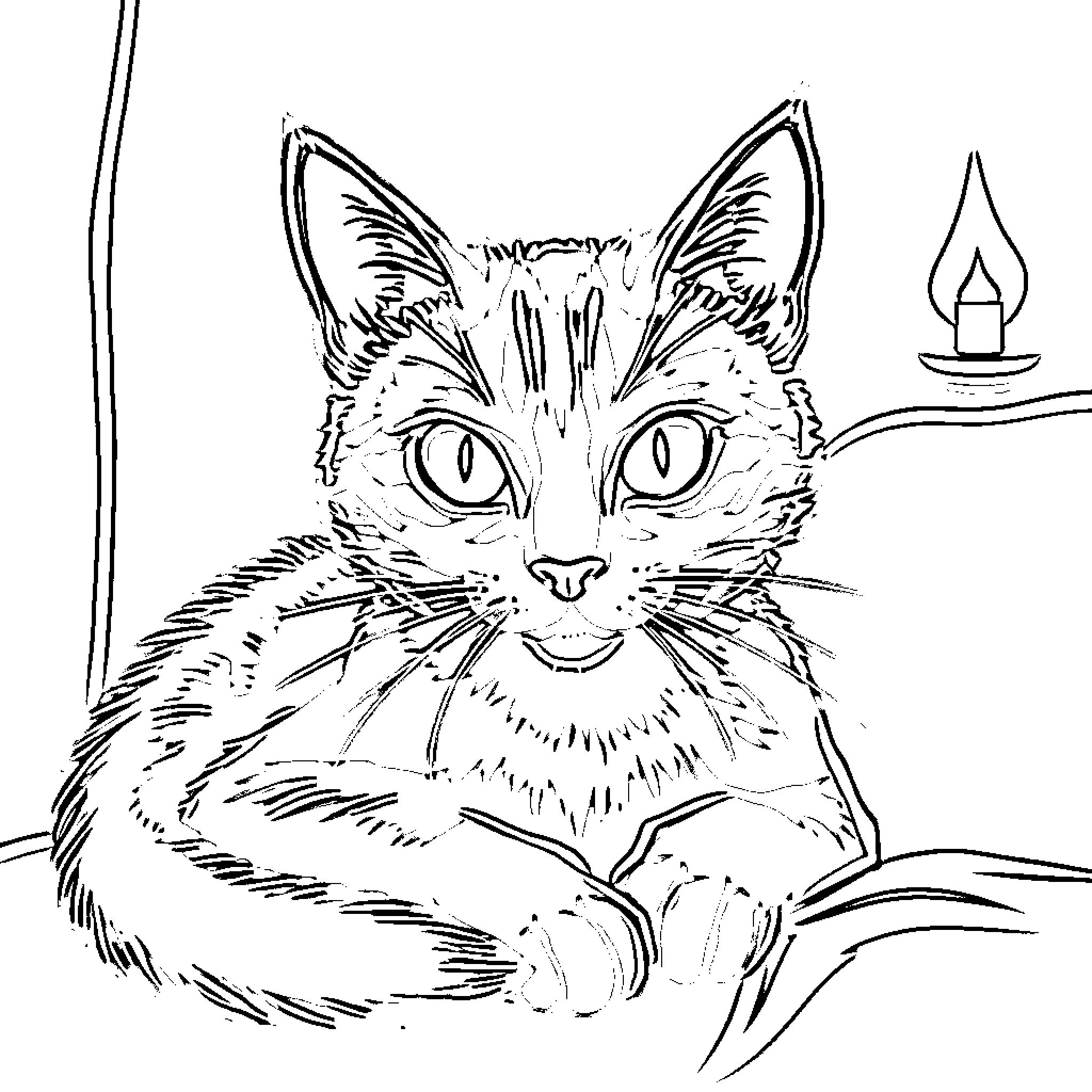 Cat reading by candle light Coloring Page (free black-and-white line drawing printable PDF for all, from beginners to advanced learners, including children, teens, adults, and seniors)