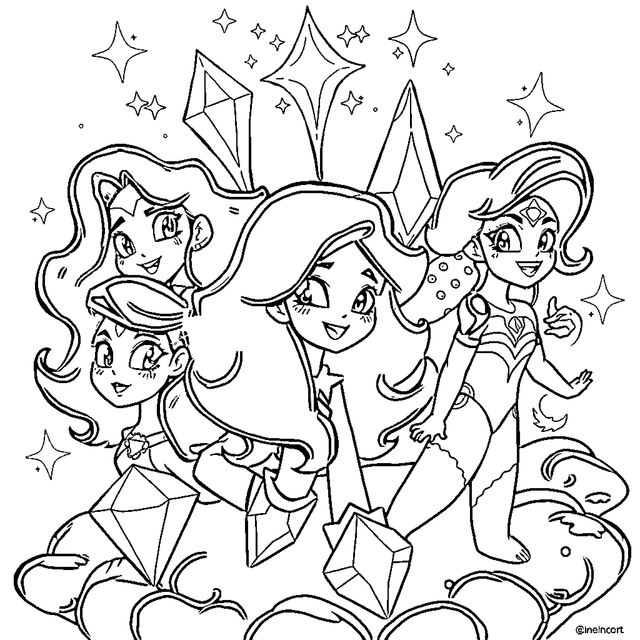 Diamond Princesses in Magical Realm Coloring Page (free black-and-white line drawing printable PDF for all, from beginners to advanced learners, including children, teens, adults, and seniors)