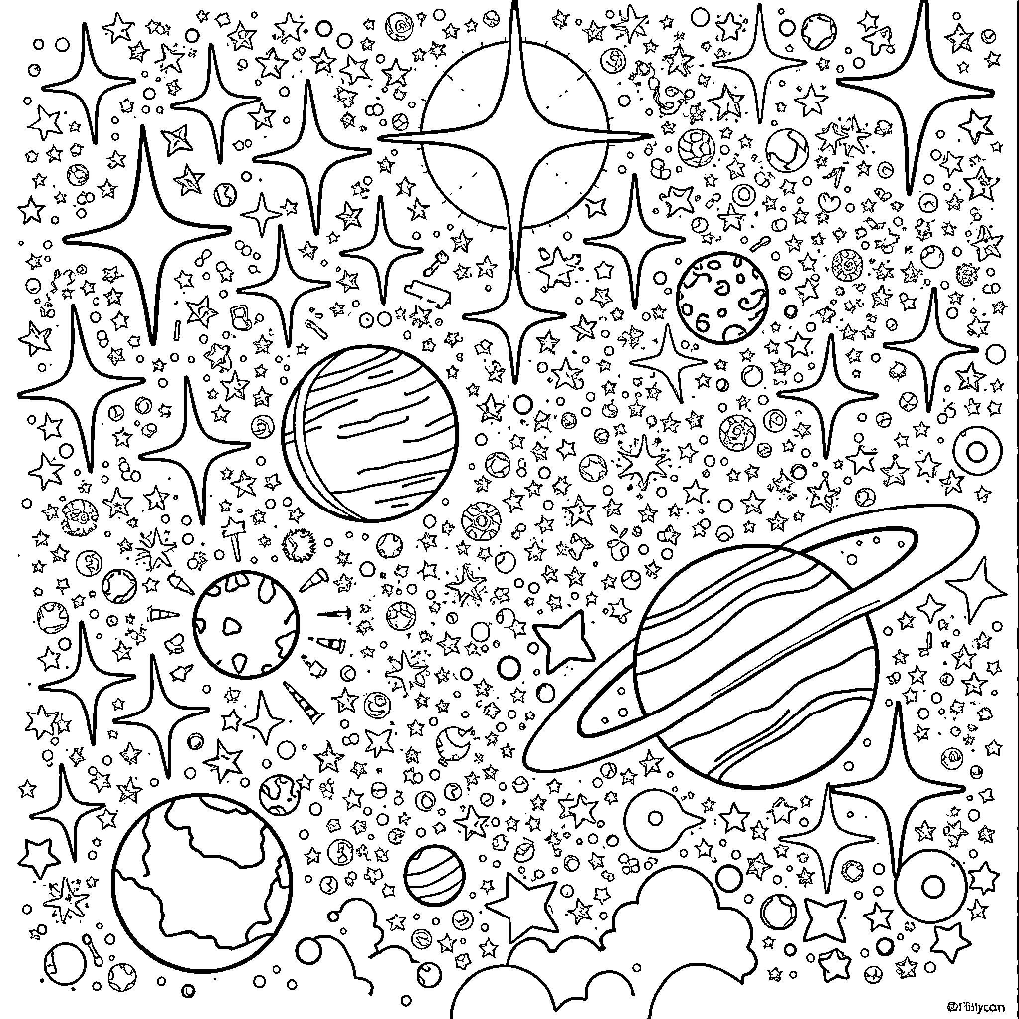 Galaxy of Celestial Objects and Cosmic Scenery Coloring Page (free black-and-white line drawing printable PDF for all, from beginners to advanced learners, including children, teens, adults, and seniors)
