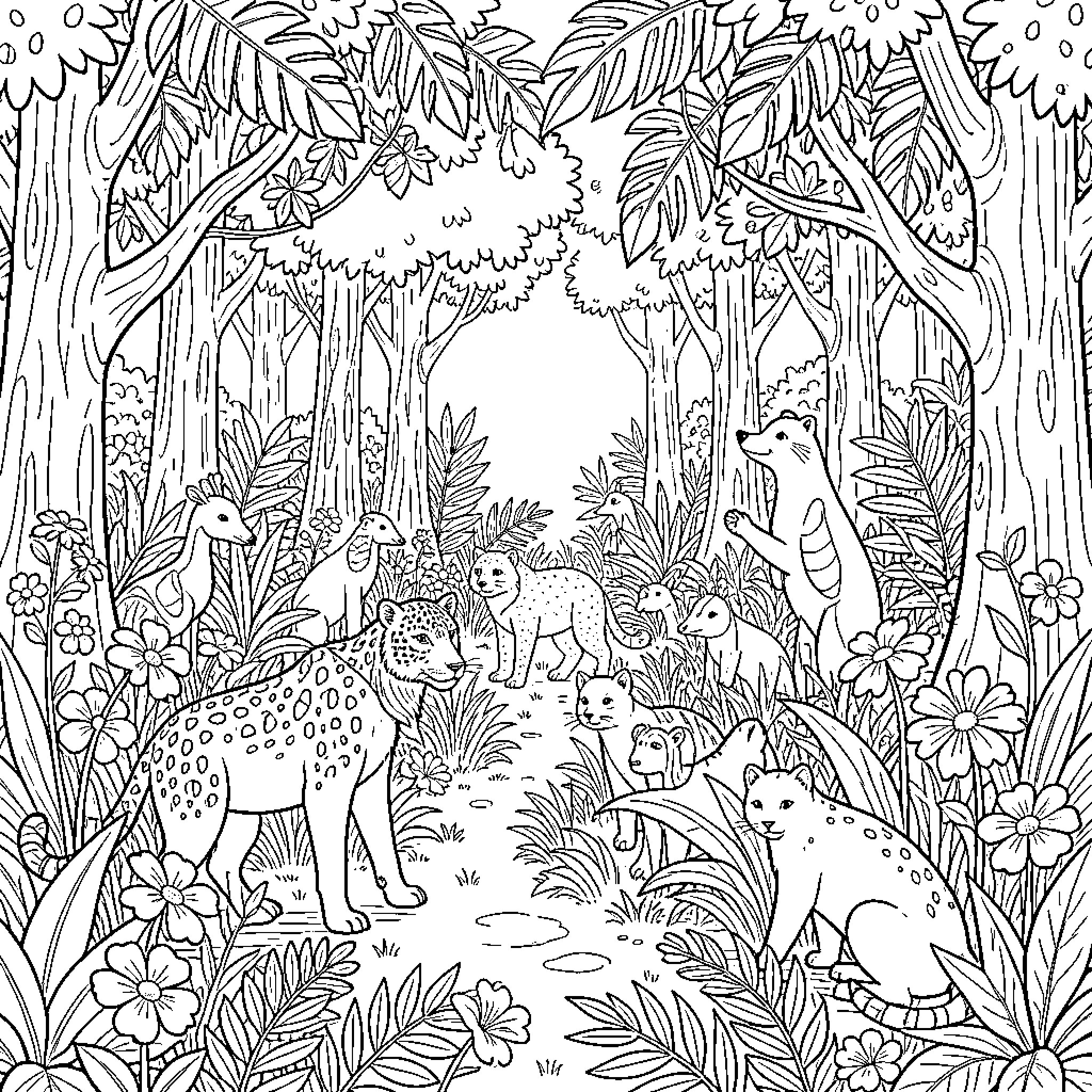 Animal life in the lush jungle landscape Coloring Page (free black-and-white line drawing printable PDF for all, from beginners to advanced learners, including children, teens, adults, and seniors)