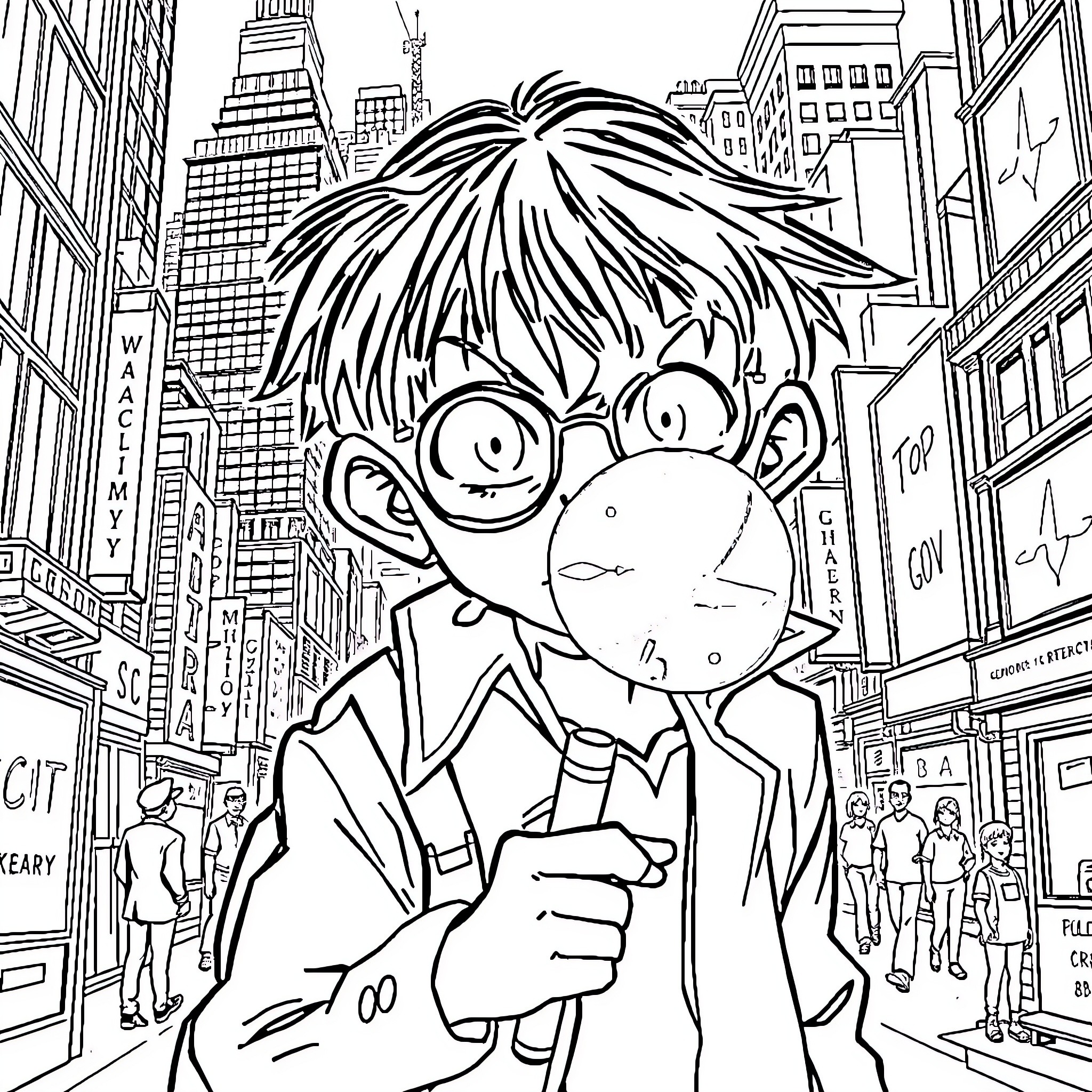Detective Conan investigates the bustling city streets Coloring Page (free black-and-white line drawing printable PDF for all, from beginners to advanced learners, including children, teens, adults, and seniors)
