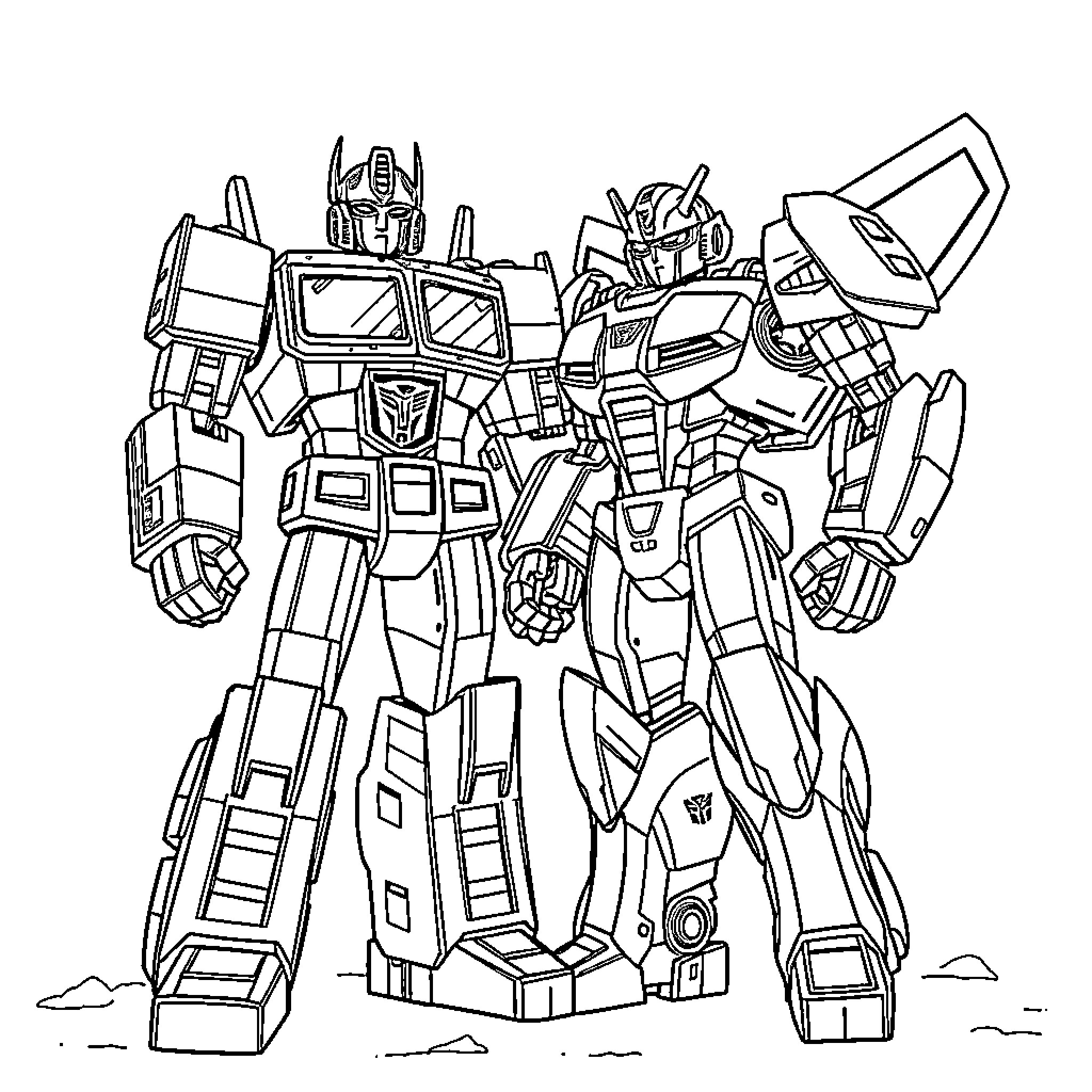 Transformer robots in battle formation Coloring Page (free black-and-white line drawing printable PDF for all, from beginners to advanced learners, including children, teens, adults, and seniors)