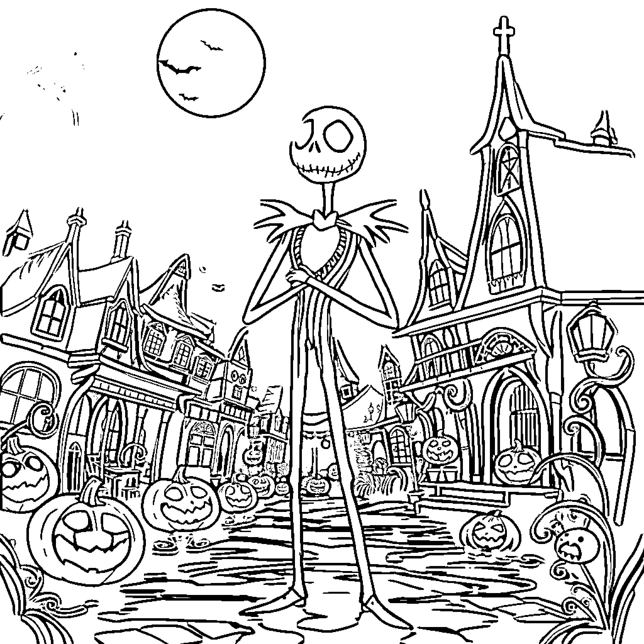 Cane Haunting the Spooky Halloween Town Coloring Page (free black-and-white line drawing printable PDF for all, from beginners to advanced learners, including children, teens, adults, and seniors)