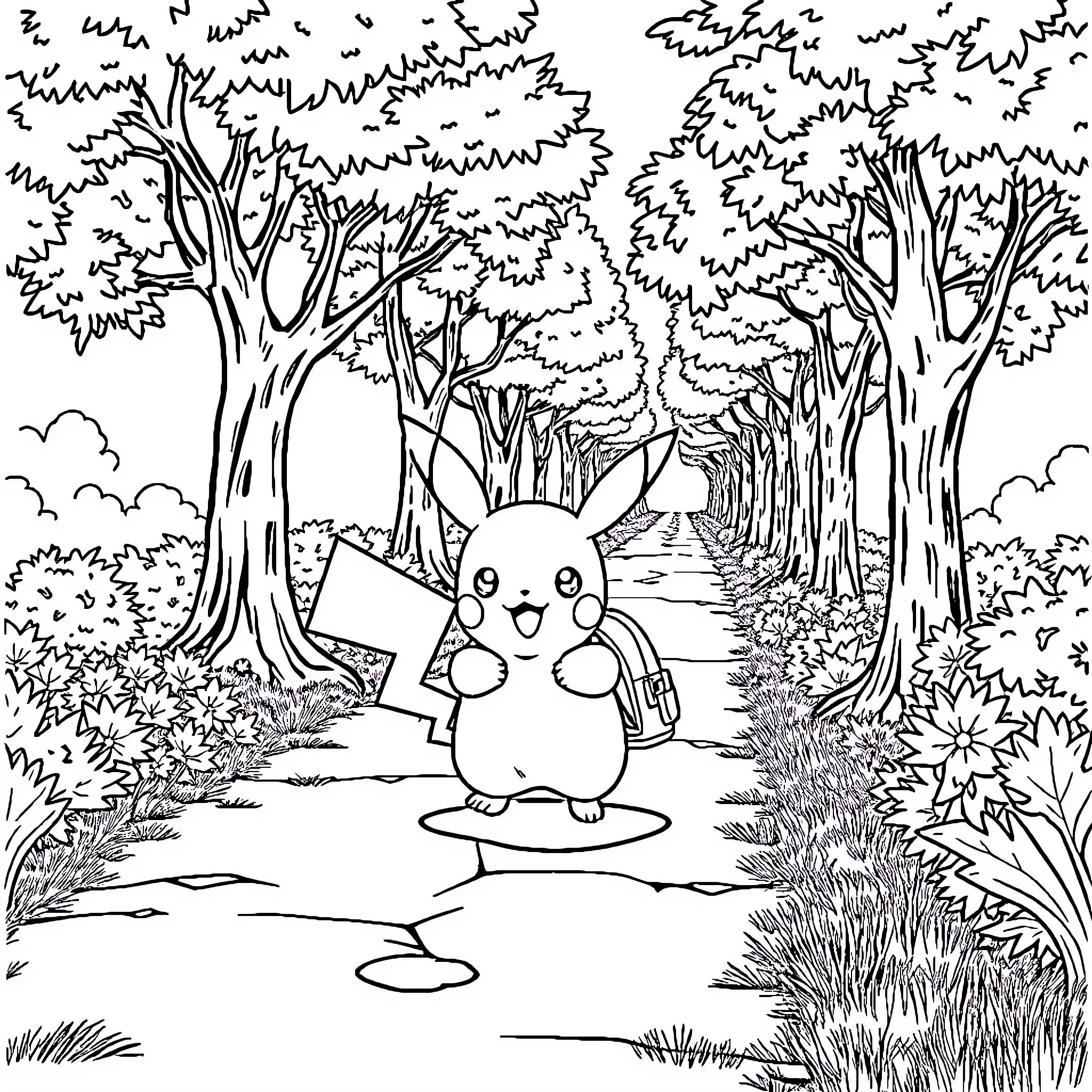 Pikachu exploring the magical forest Coloring Page (free black-and-white line drawing printable PDF for all, from beginners to advanced learners, including children, teens, adults, and seniors)
