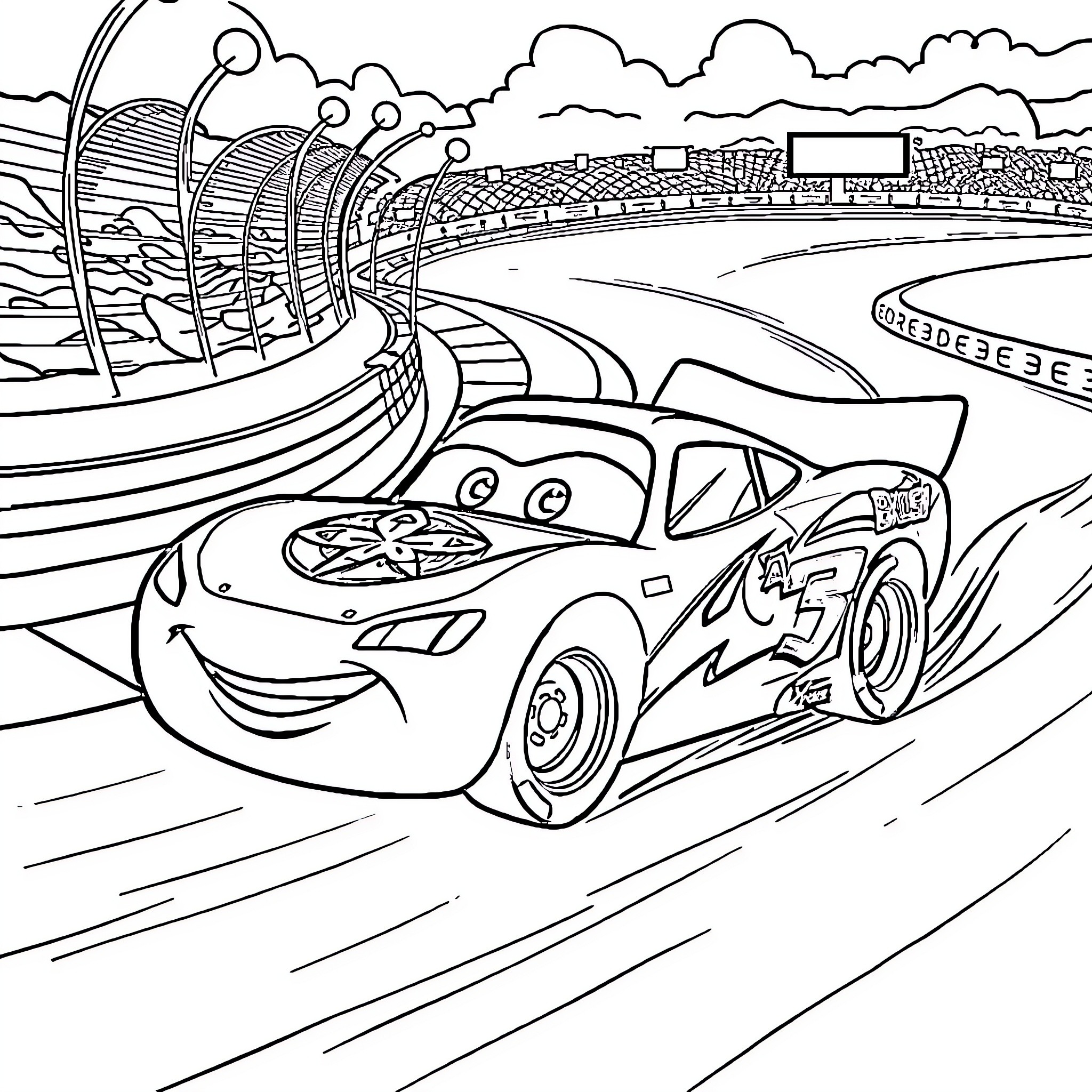 Flash McQueen racing on the track with high speed Coloring Page (free black-and-white line drawing printable PDF for all, from beginners to advanced learners, including children, teens, adults, and seniors)