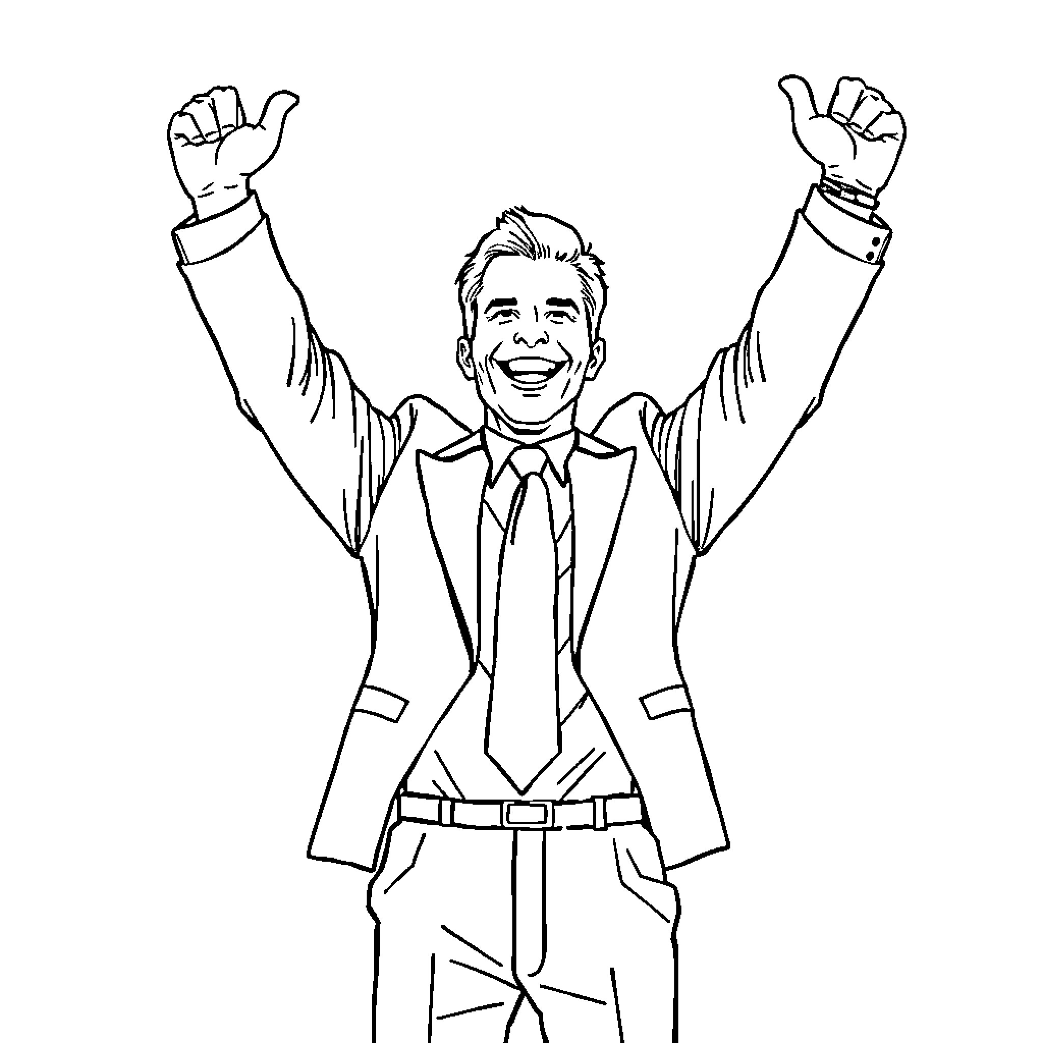 Attorney Celebrating Victory with Raised Hands Coloring Page (free black-and-white line drawing printable PDF for all, from beginners to advanced learners, including children, teens, adults, and seniors)