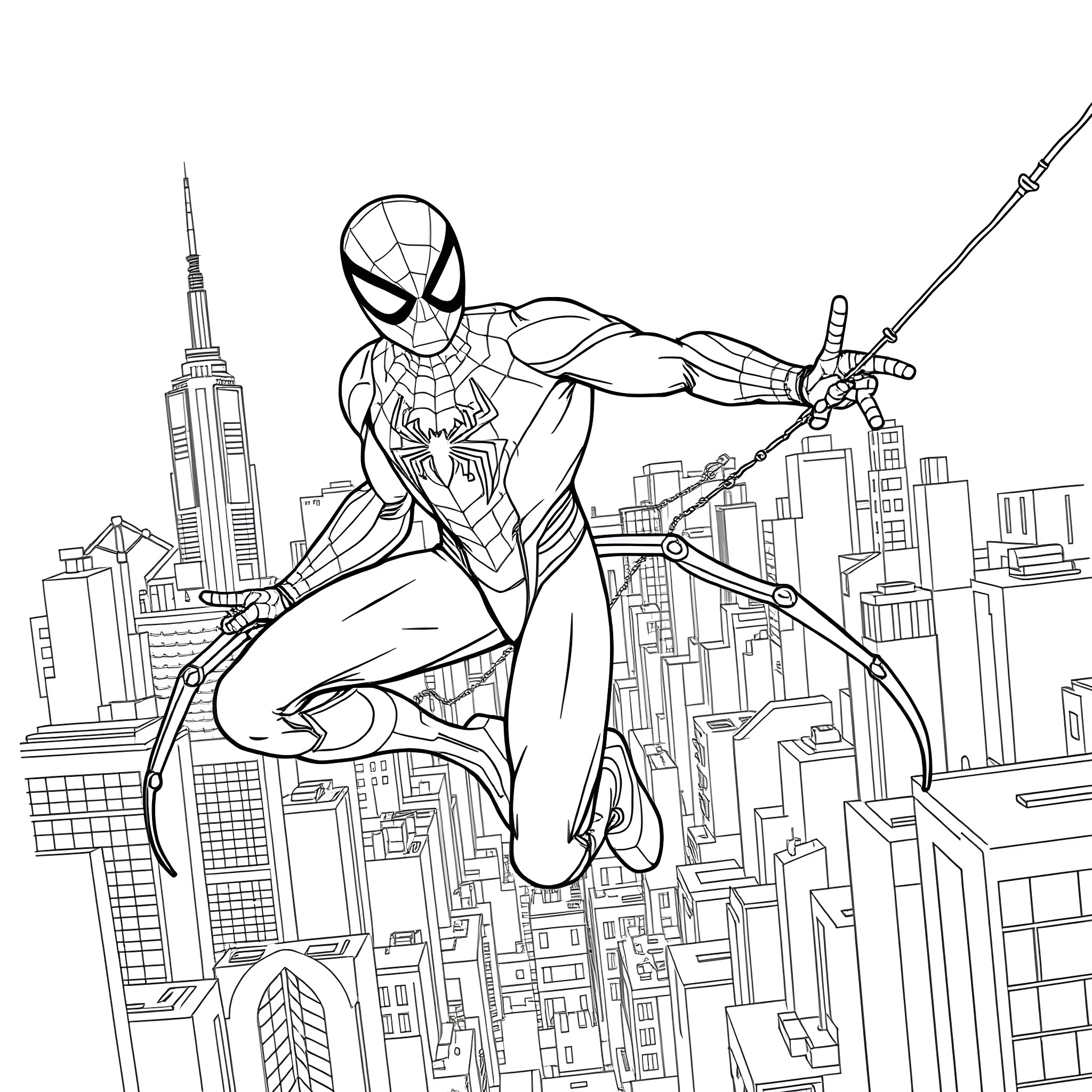 Spider-Man swinging through the city skyline Coloring Page (free black-and-white line drawing printable PDF for all, from beginners to advanced learners, including children, teens, adults, and seniors)