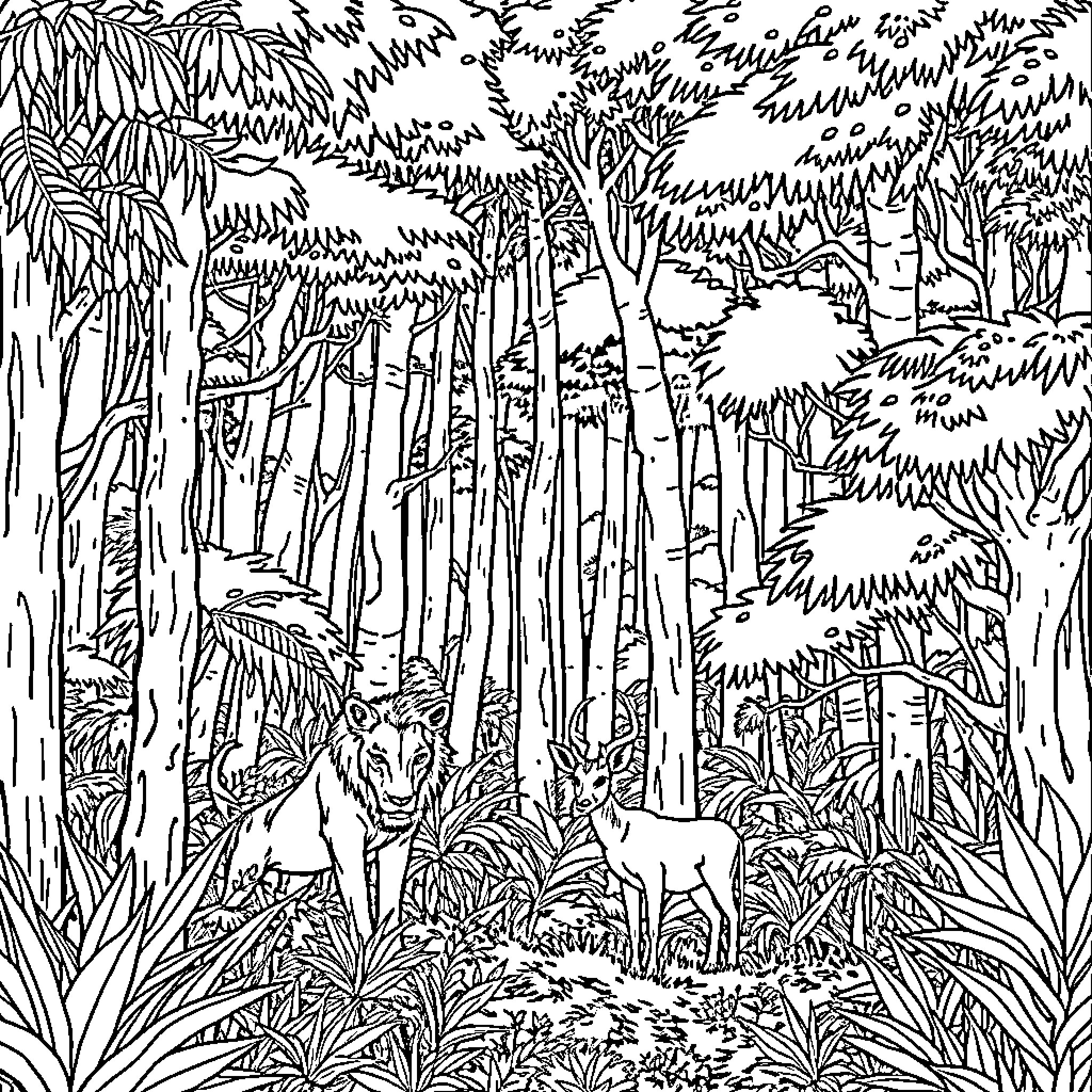 Lion in dense forest Coloring Page (free black-and-white line drawing printable PDF for all, from beginners to advanced learners, including children, teens, adults, and seniors)