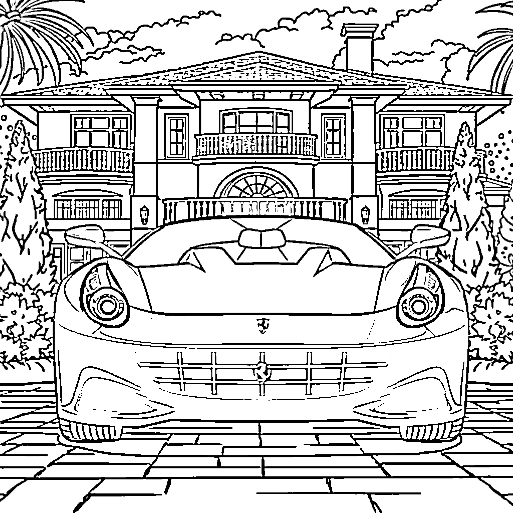 Ferrari in a luxurious mansion setting Coloring Page (free black-and-white line drawing printable PDF for all, from beginners to advanced learners, including children, teens, adults, and seniors)