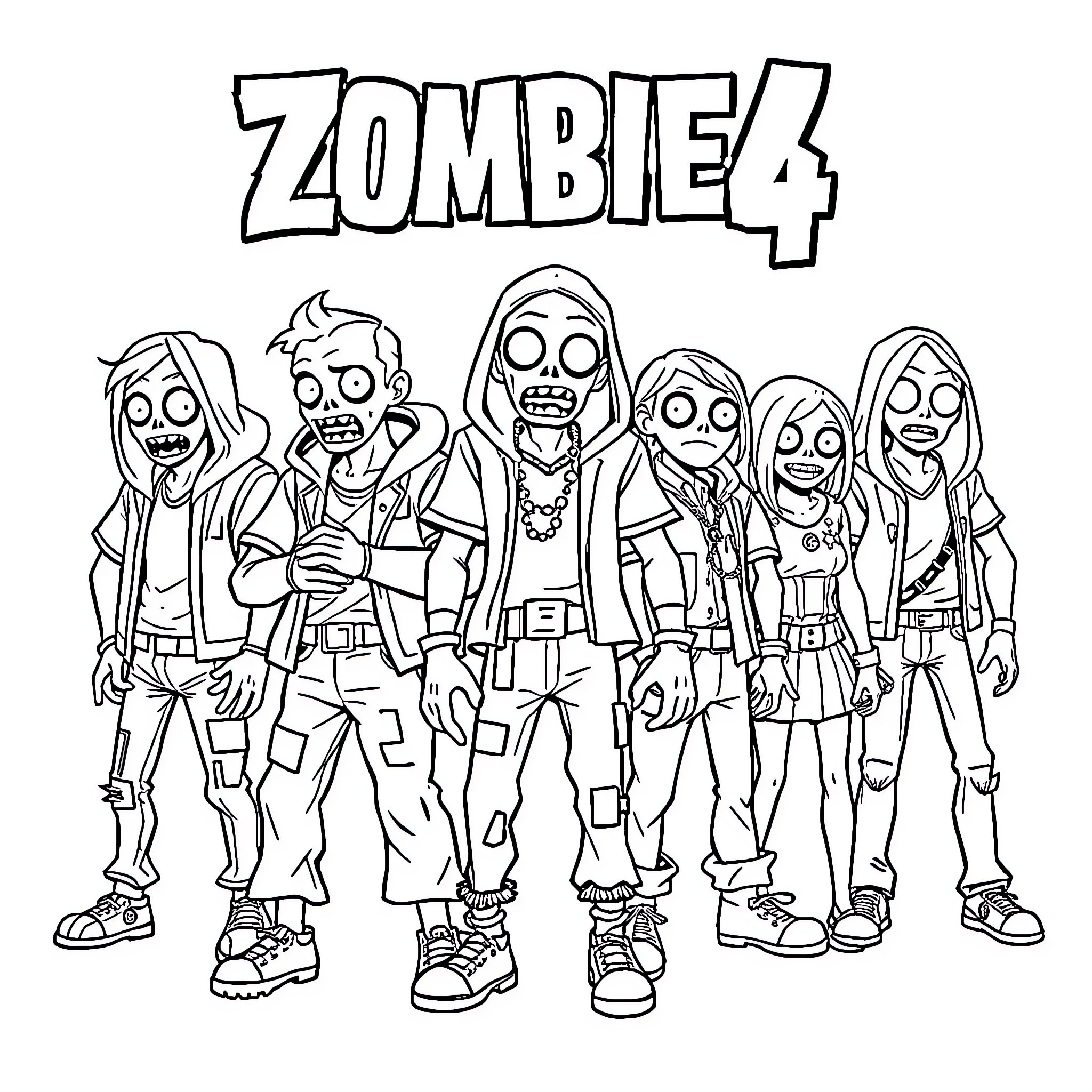 Zombies posing together in their unique outfits Coloring Page (free black-and-white line drawing printable PDF for all, from beginners to advanced learners, including children, teens, adults, and seniors)