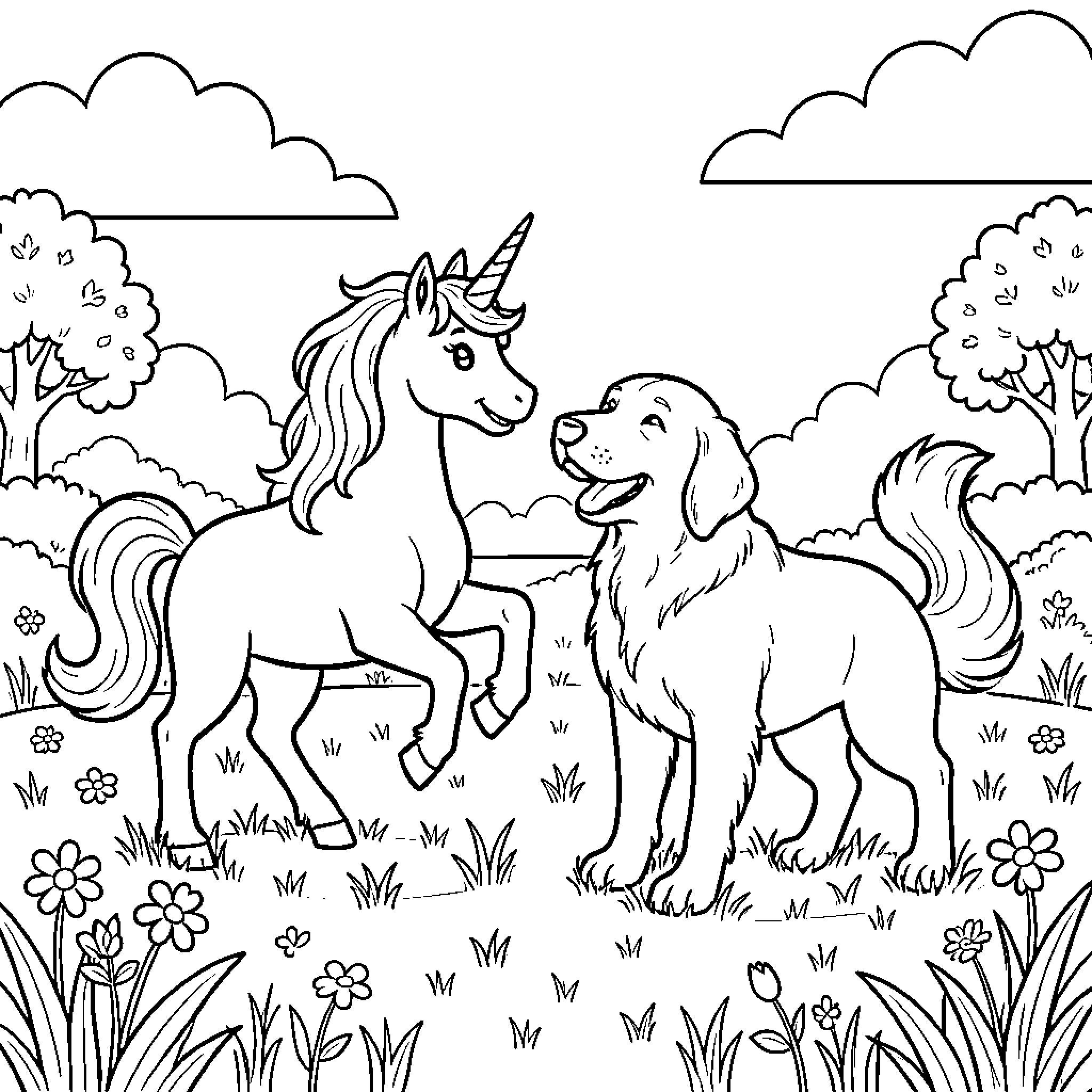 Unicorn and dog interacting joyfully in a meadow Coloring Page (free black-and-white line drawing printable PDF for all, from beginners to advanced learners, including children, teens, adults, and seniors)