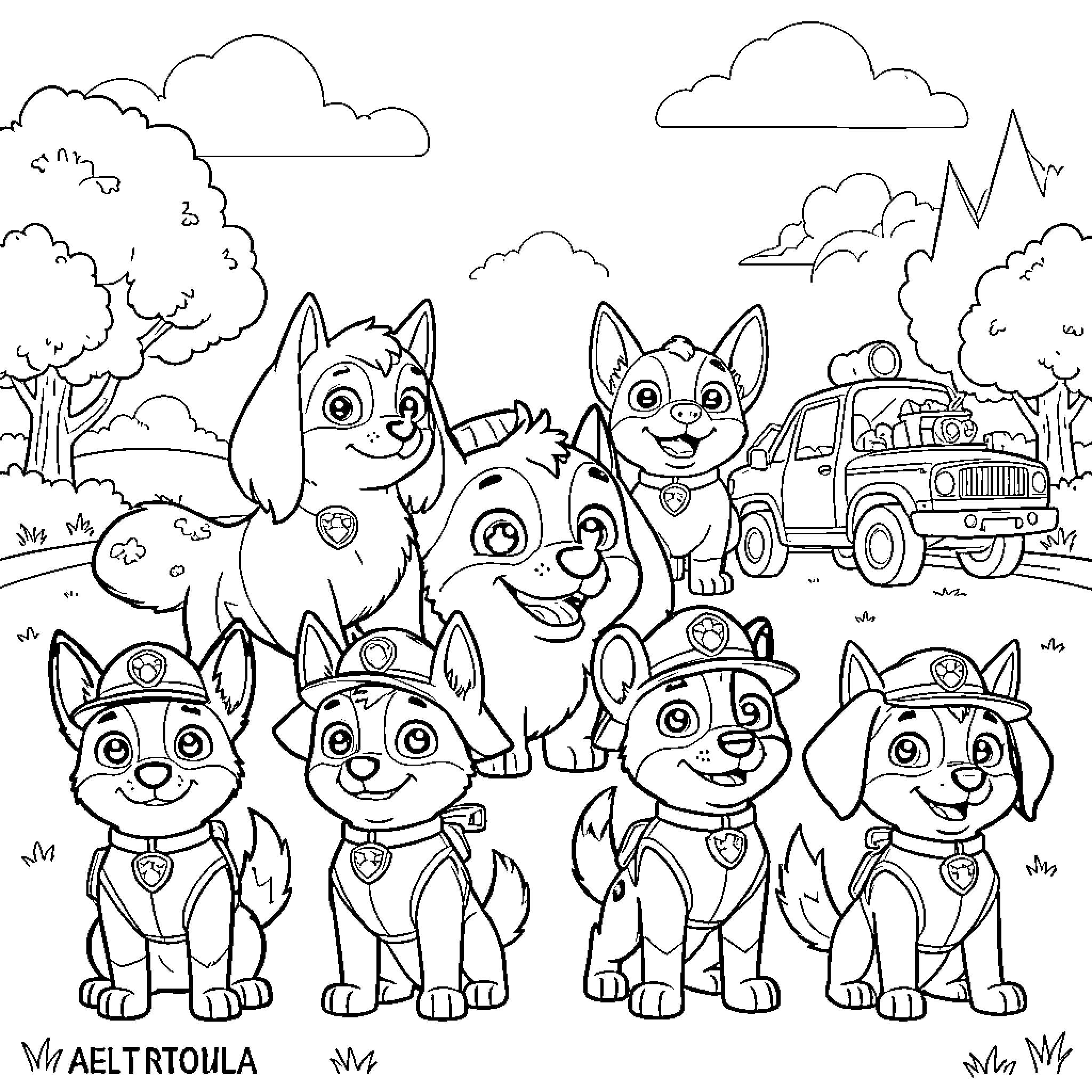 Paw Patrol pups smiling together in a landscape scene Coloring Page (free black-and-white line drawing printable PDF for all, from beginners to advanced learners, including children, teens, adults, and seniors)