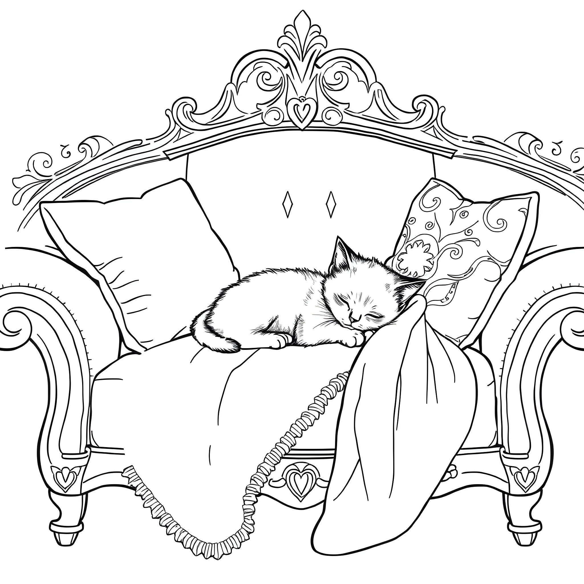 Kitten sleeping peacefully on a fancy couch Coloring Page (free black-and-white line drawing printable PDF for all, from beginners to advanced learners, including children, teens, adults, and seniors)
