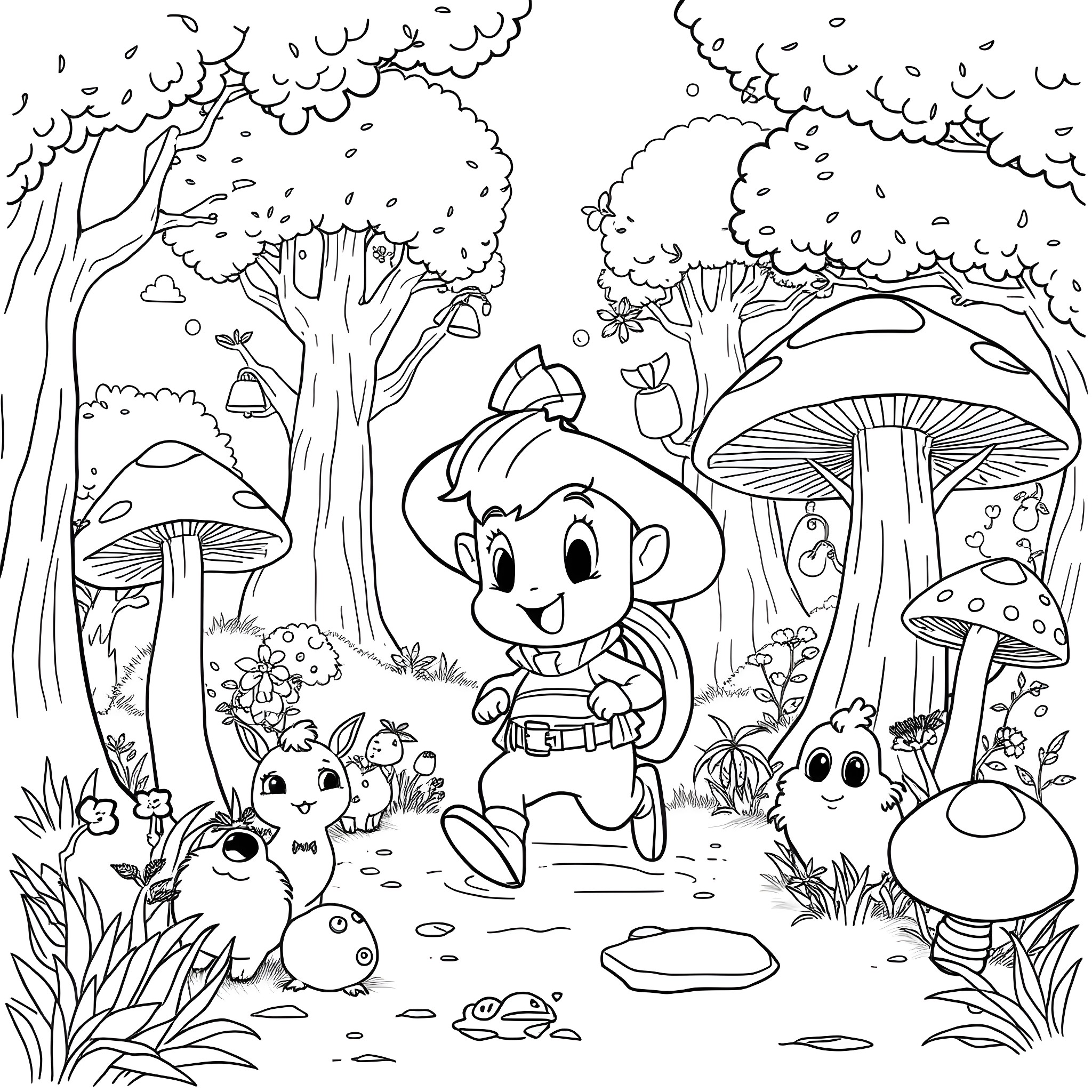Sprunki's Whimsical Forest Adventure Coloring Page (free black-and-white line drawing printable PDF for all, from beginners to advanced learners, including children, teens, adults, and seniors)