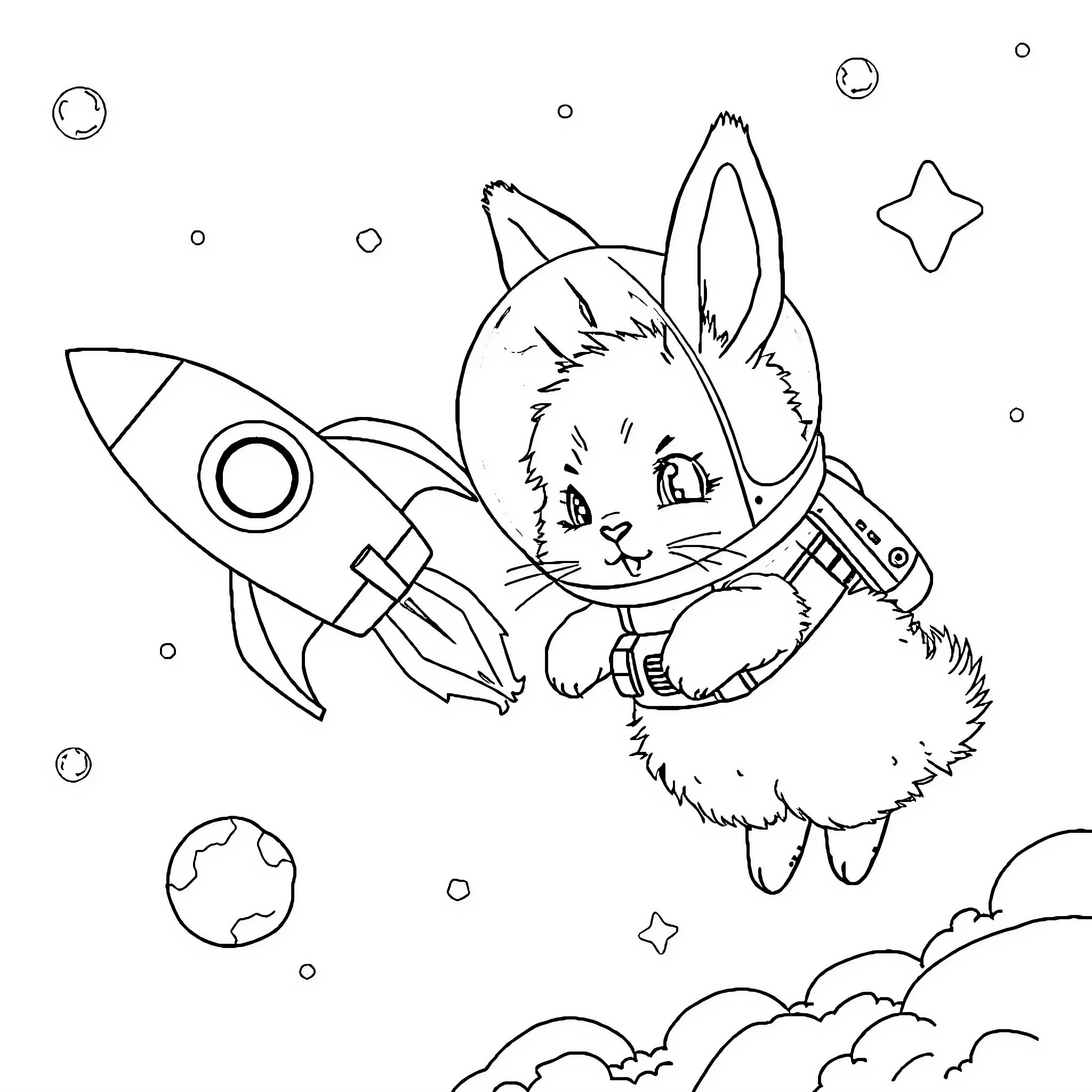 Rabbit astronaut exploring the cosmos Coloring Page (free black-and-white line drawing printable PDF for all, from beginners to advanced learners, including children, teens, adults, and seniors)