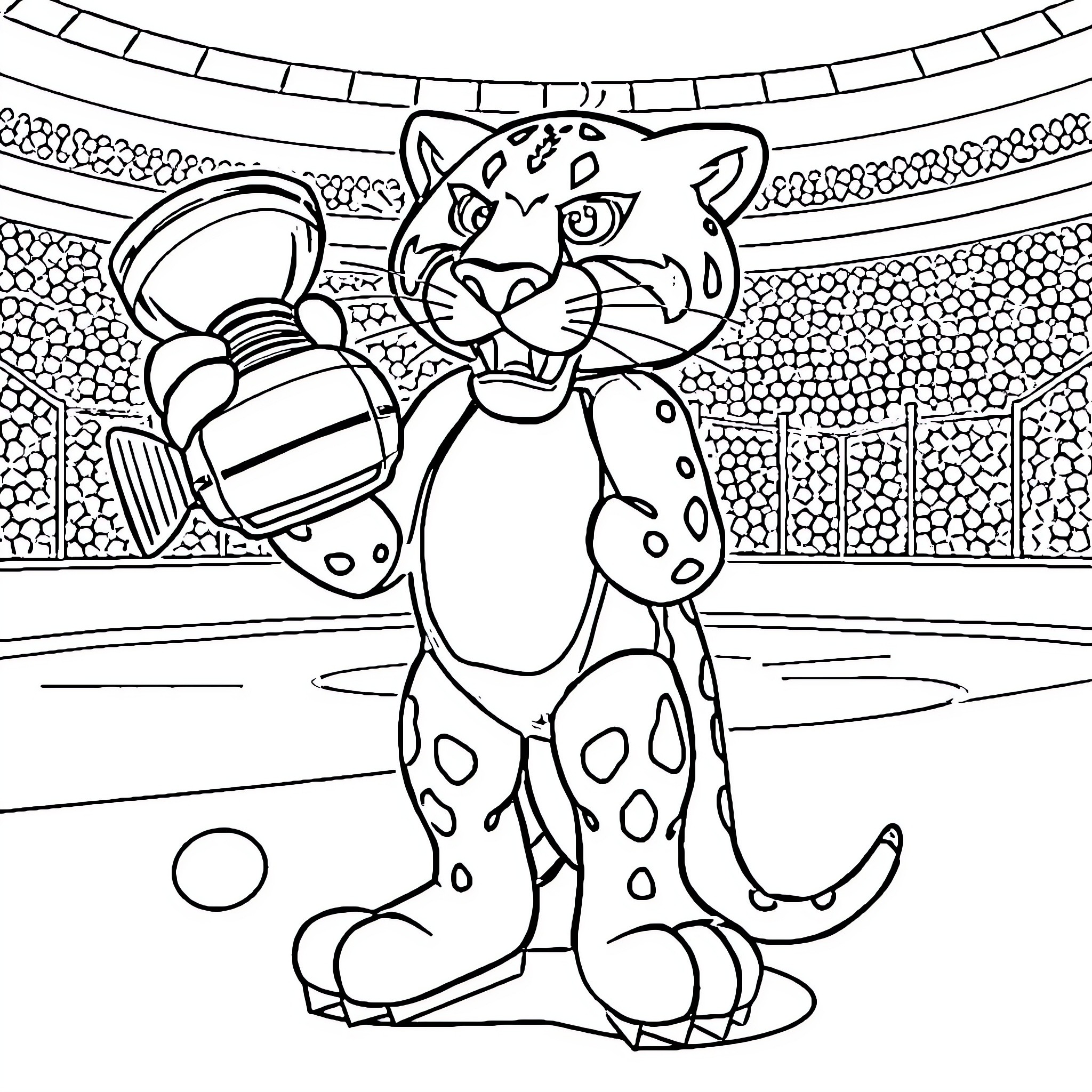 Stanley C Panther cheers in the stadium Coloring Page (free black-and-white line drawing printable PDF for all, from beginners to advanced learners, including children, teens, adults, and seniors)
