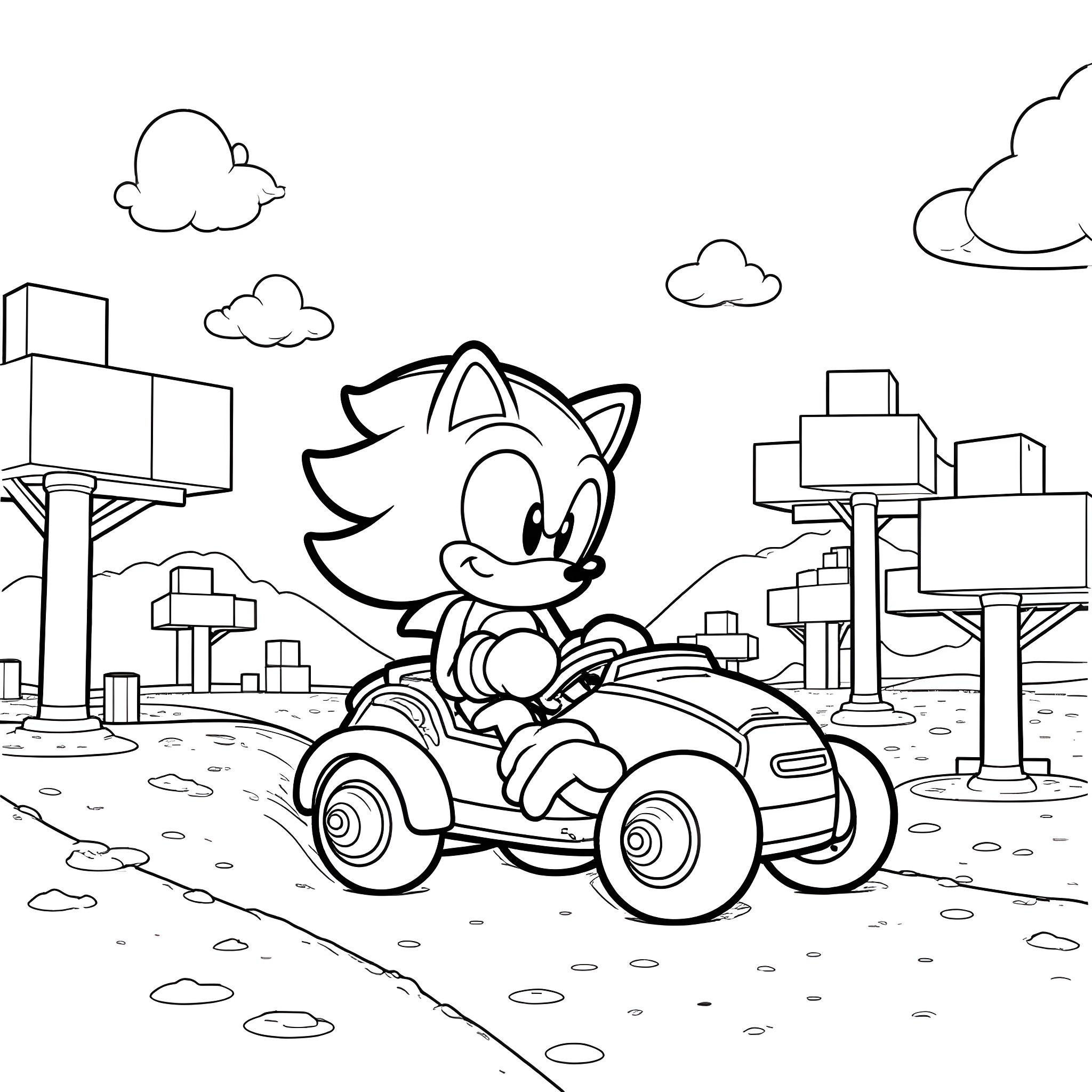 Sonic racing in his speedy kart through the city Coloring Page (free black-and-white line drawing printable PDF for all, from beginners to advanced learners, including children, teens, adults, and seniors)