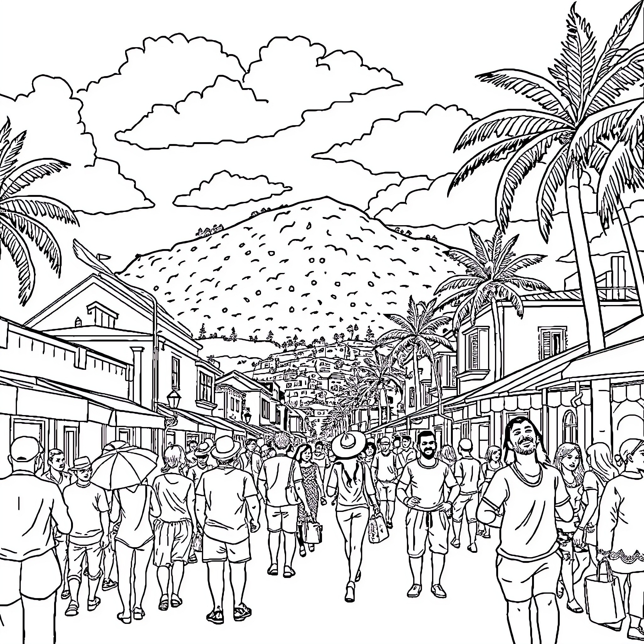 Trinidad Bustling Street Scene with Lively Crowd Coloring Page (free black-and-white line drawing printable PDF for all, from beginners to advanced learners, including children, teens, adults, and seniors)