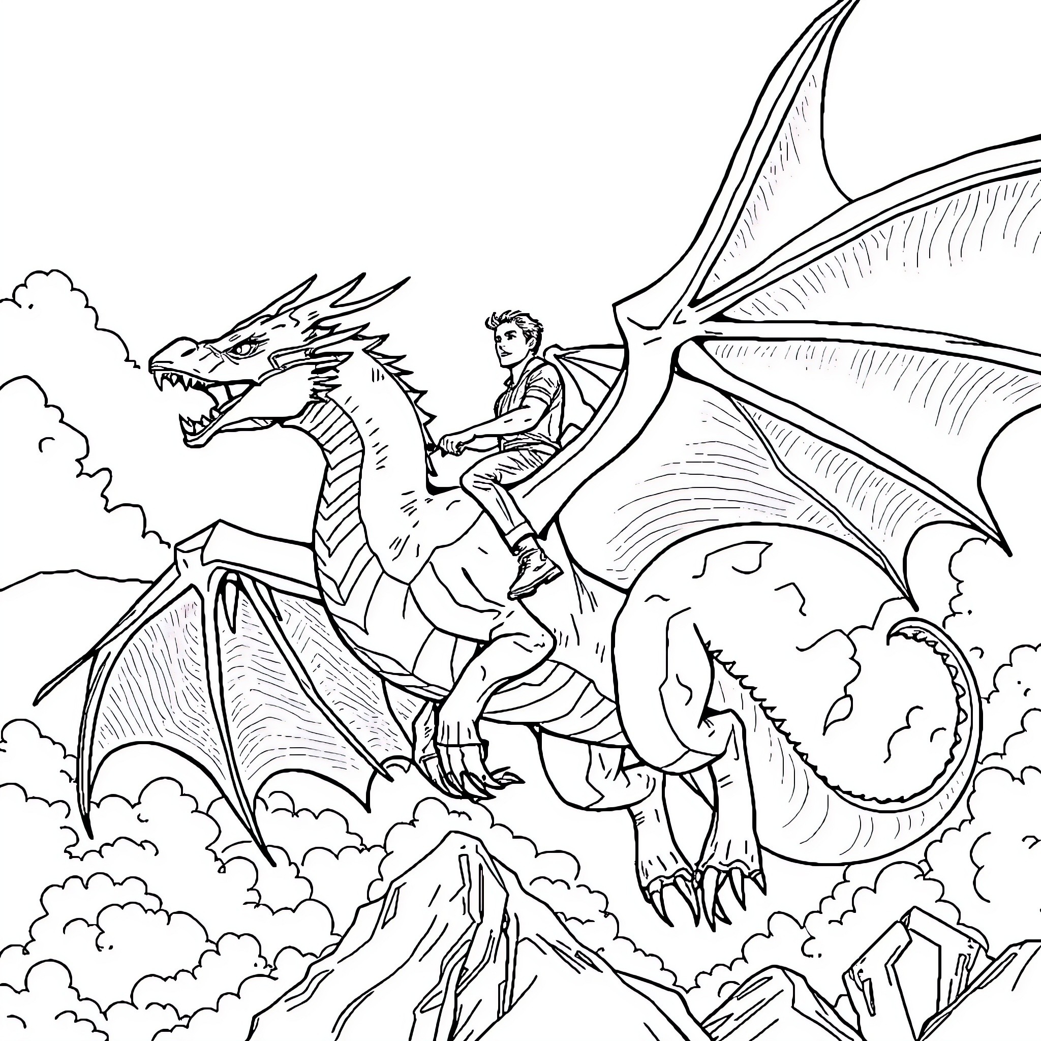 Dragon Rider Soaring Through the Skies Coloring Page (free black-and-white line drawing printable PDF for all, from beginners to advanced learners, including children, teens, adults, and seniors)