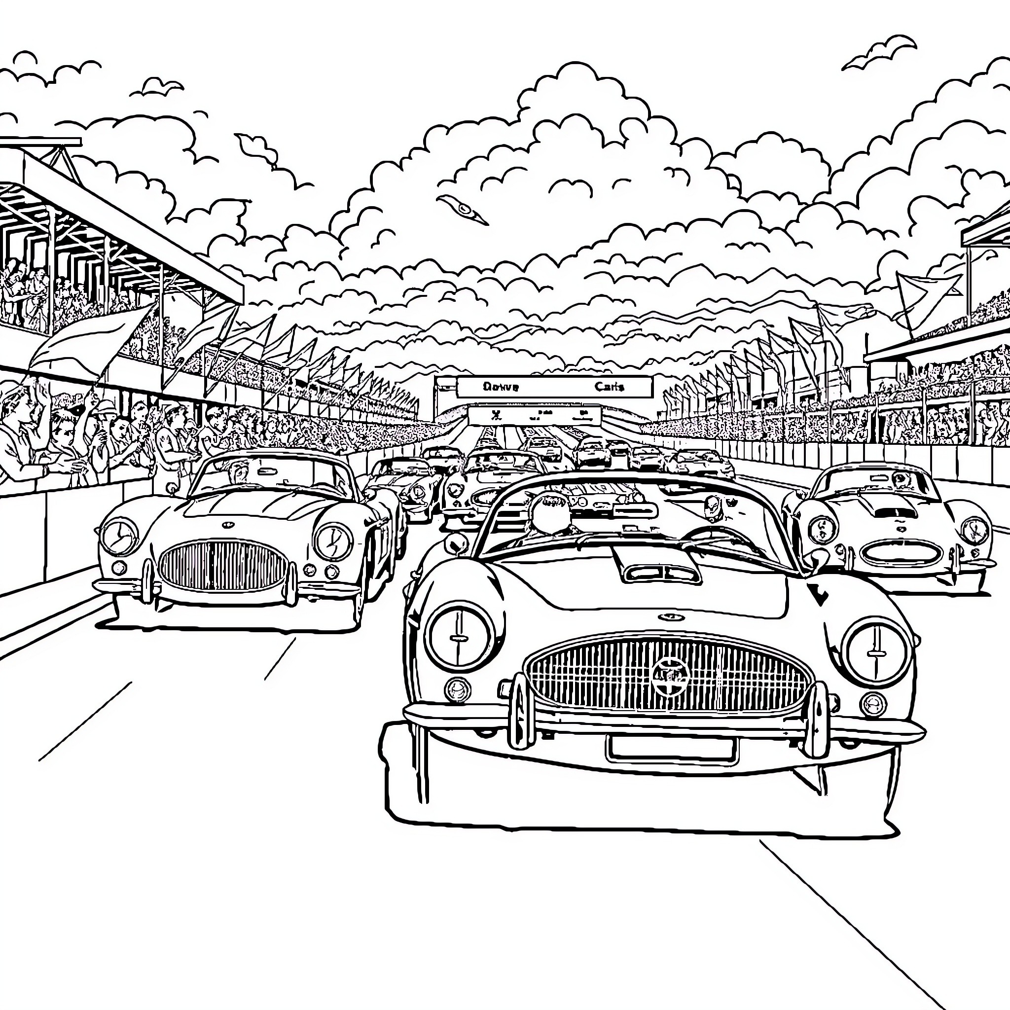 Car showcase in crowded auto show event Coloring Page (free black-and-white line drawing printable PDF for all, from beginners to advanced learners, including children, teens, adults, and seniors)