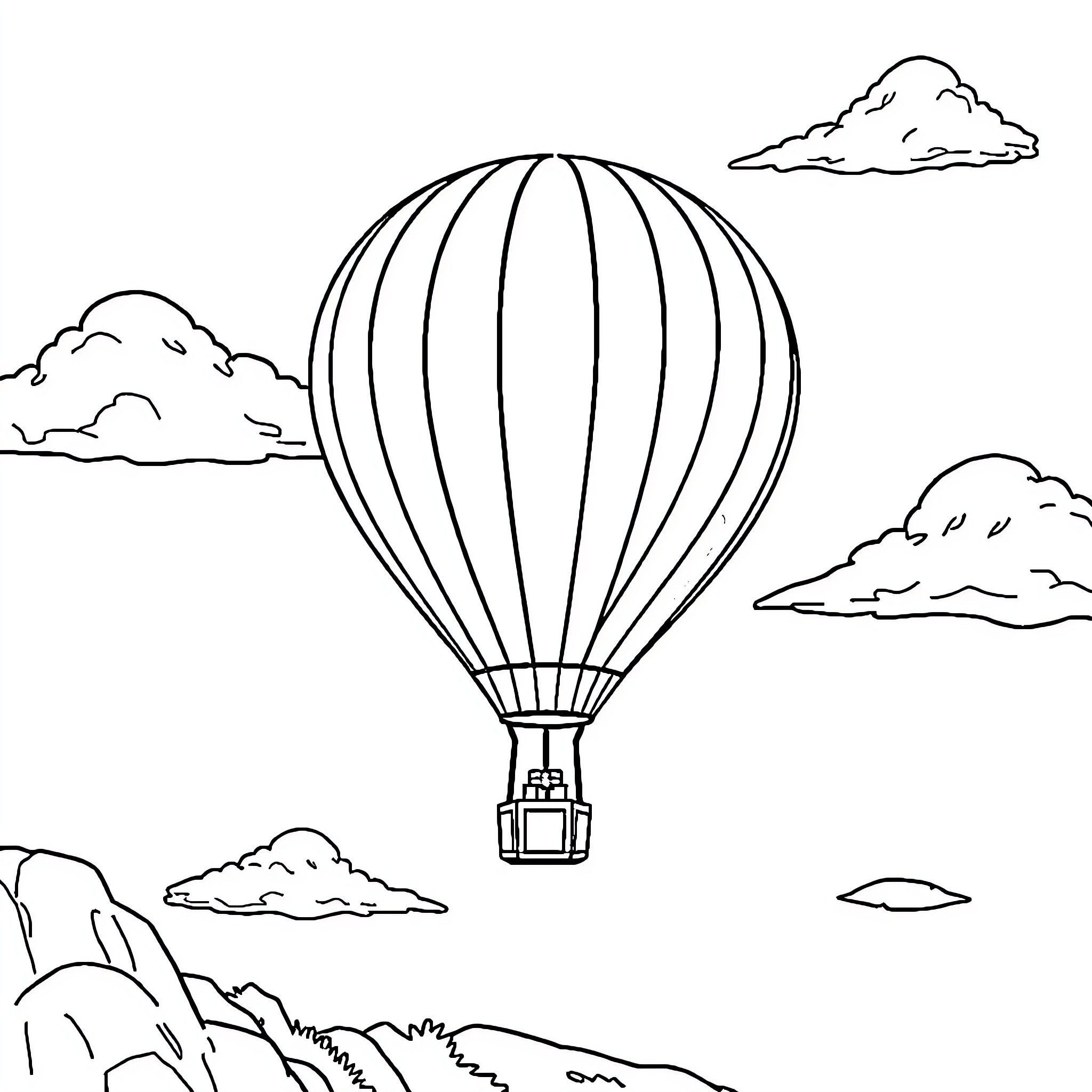 Hot Air Balloon Soaring Over Mountainous Landscape Coloring Page (free black-and-white line drawing printable PDF for all, from beginners to advanced learners, including children, teens, adults, and seniors)