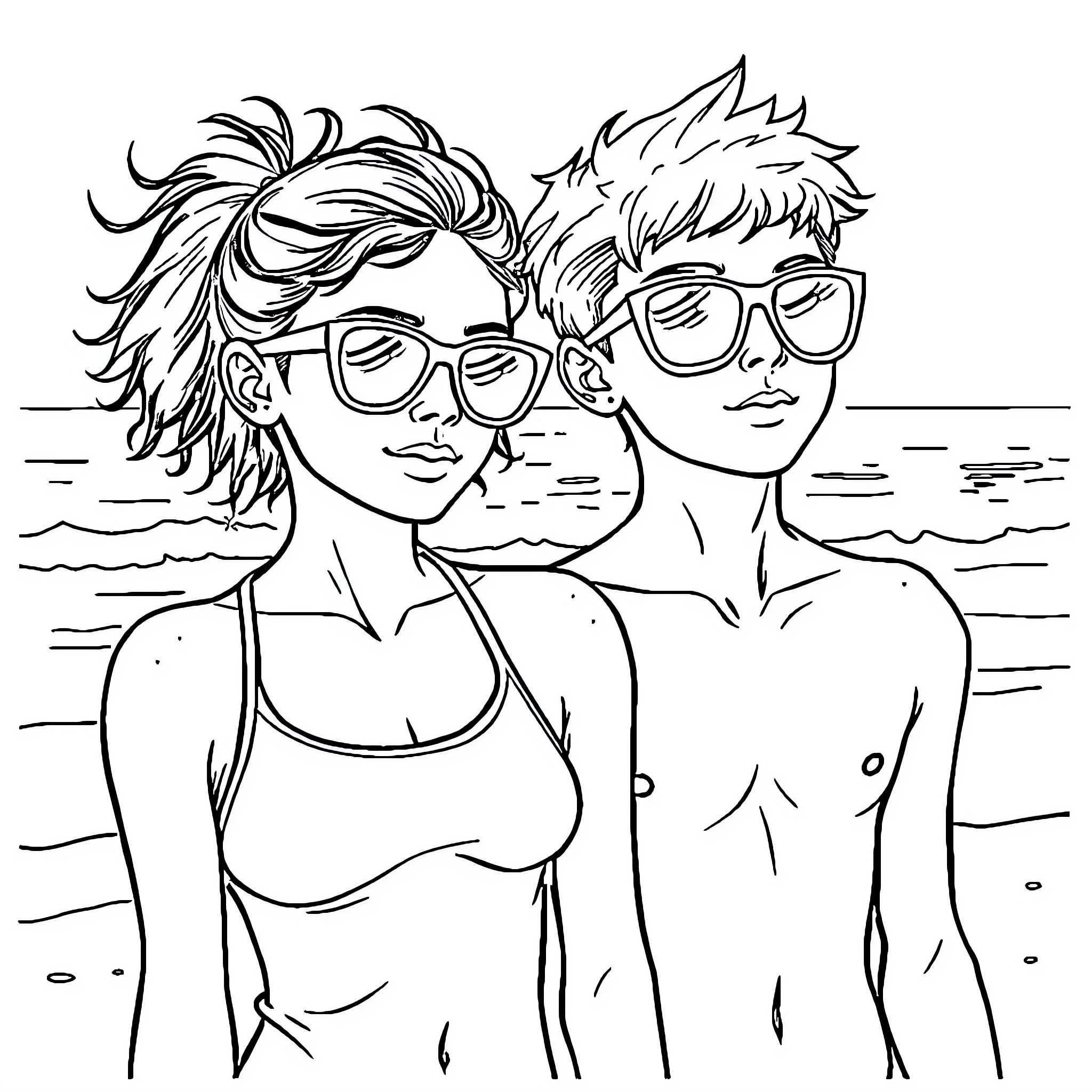 Teenagers enjoying a day at the beach Coloring Page (free black-and-white line drawing printable PDF for all, from beginners to advanced learners, including children, teens, adults, and seniors)