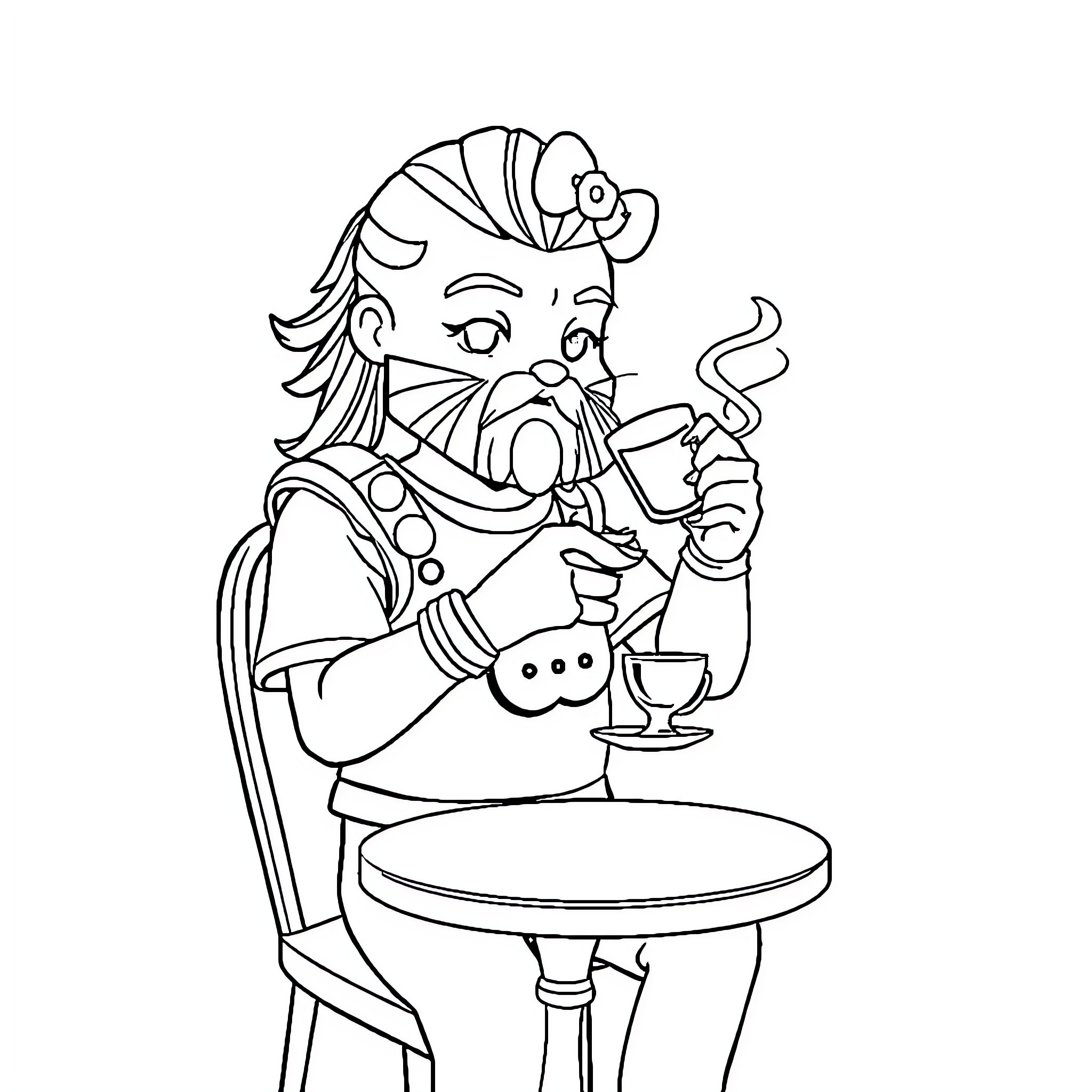 Kratos enjoying a cup of coffee at a cafe Coloring Page (free black-and-white line drawing printable PDF for all, from beginners to advanced learners, including children, teens, adults, and seniors)
