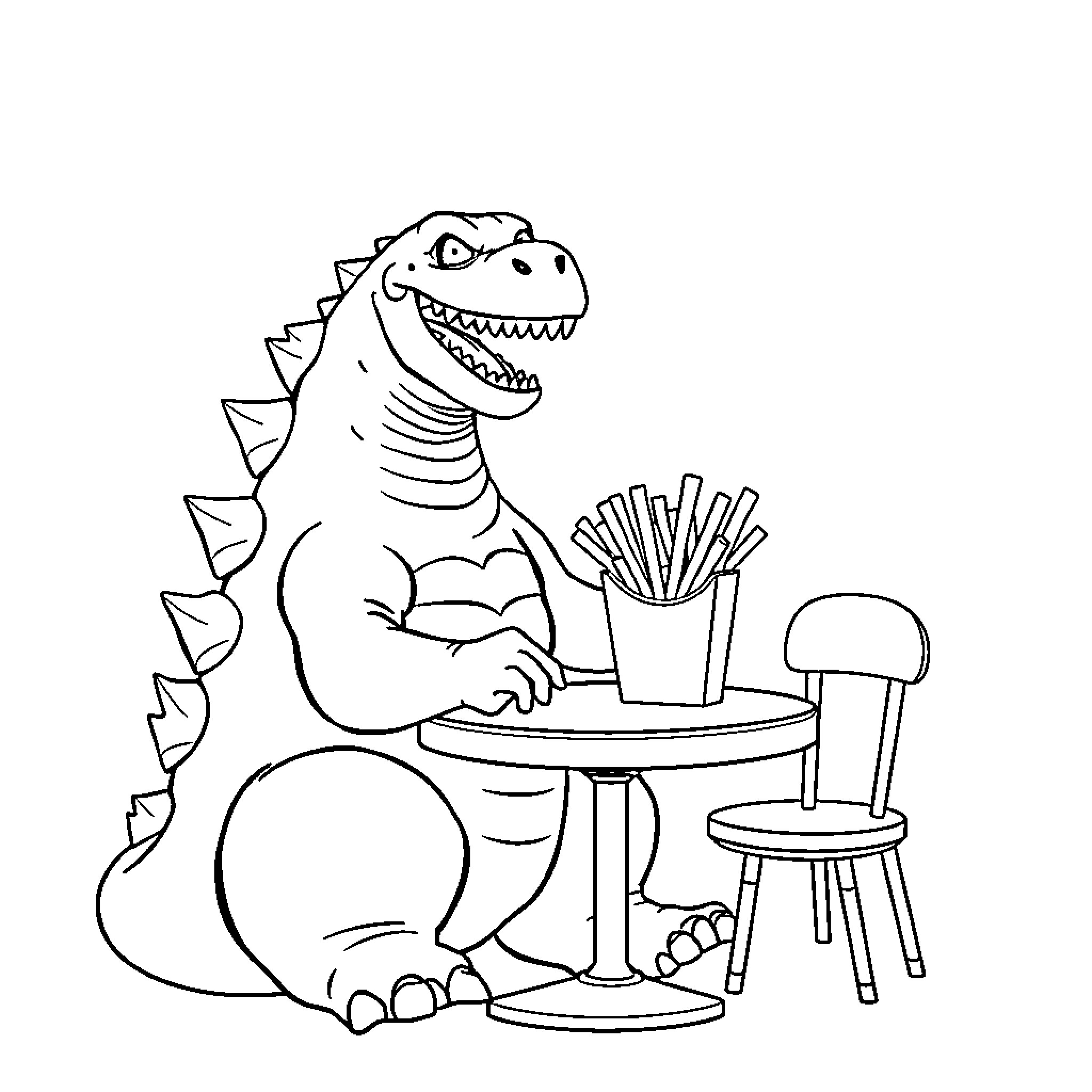 Godzilla enjoying a snack at the table Coloring Page (free black-and-white line drawing printable PDF for all, from beginners to advanced learners, including children, teens, adults, and seniors)