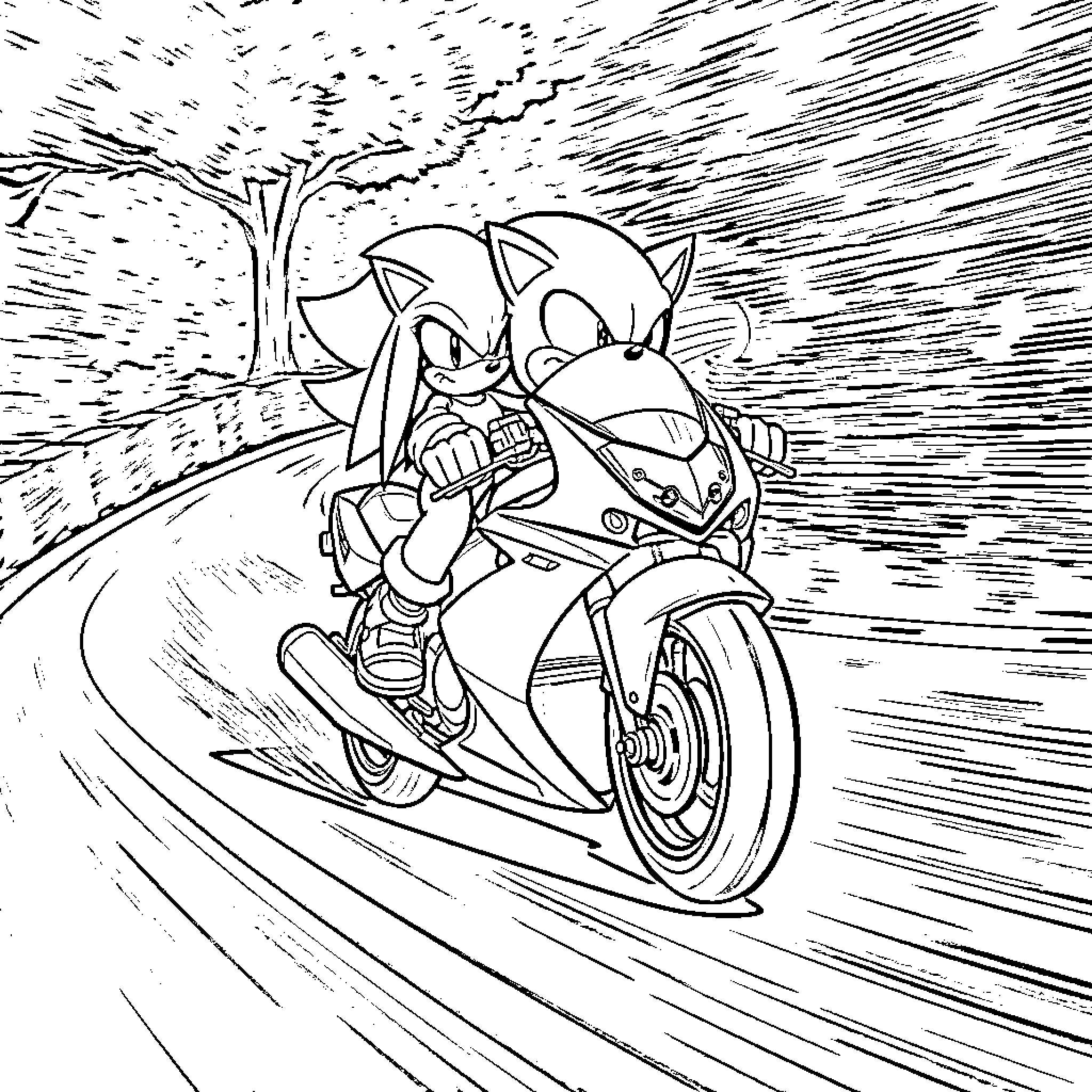 Sonic racing at high speed on his motorcycle Coloring Page (free black-and-white line drawing printable PDF for all, from beginners to advanced learners, including children, teens, adults, and seniors)