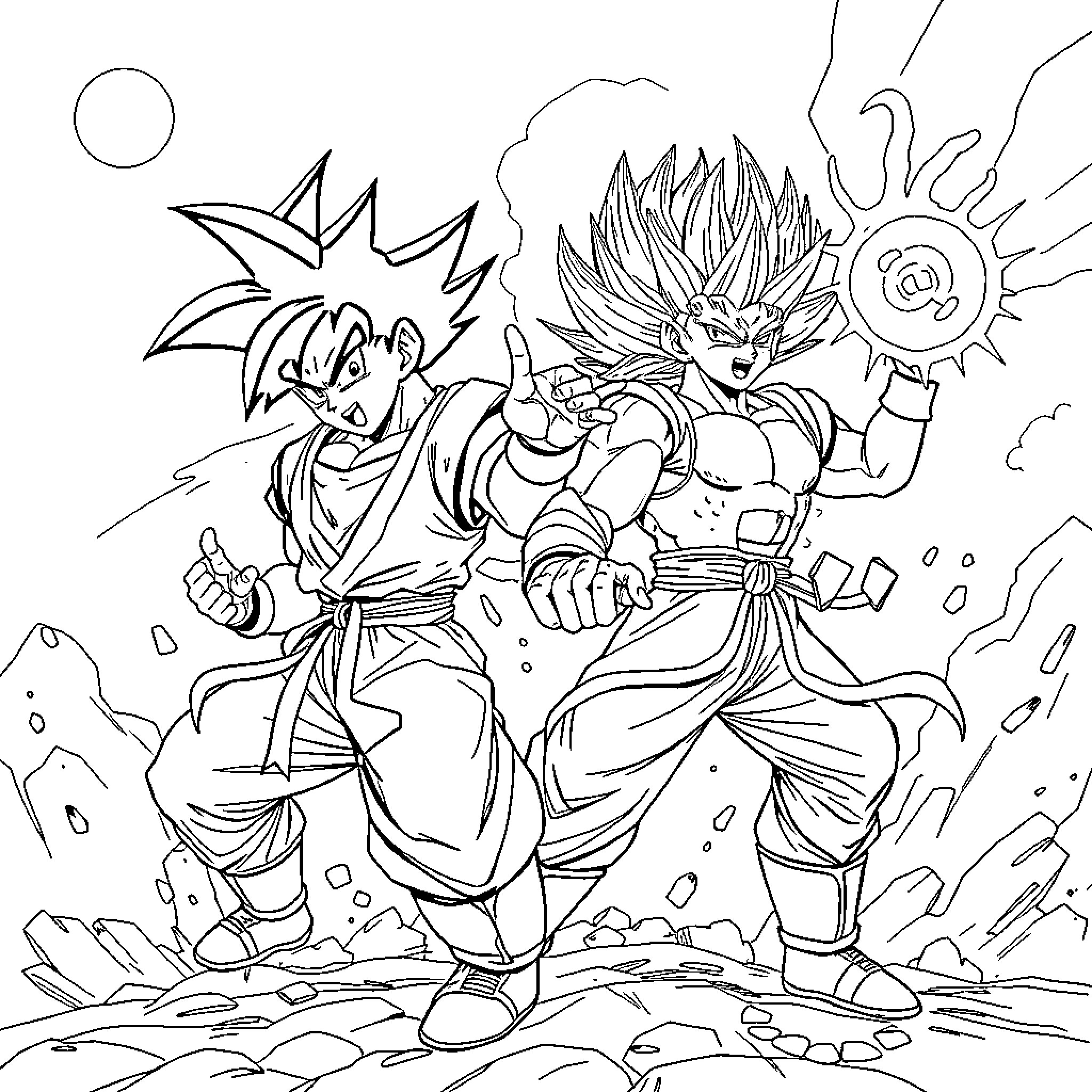 Dragon Ball Z: Intense Battle of Powerful Fighters Coloring Page (free black-and-white line drawing printable PDF for all, from beginners to advanced learners, including children, teens, adults, and seniors)