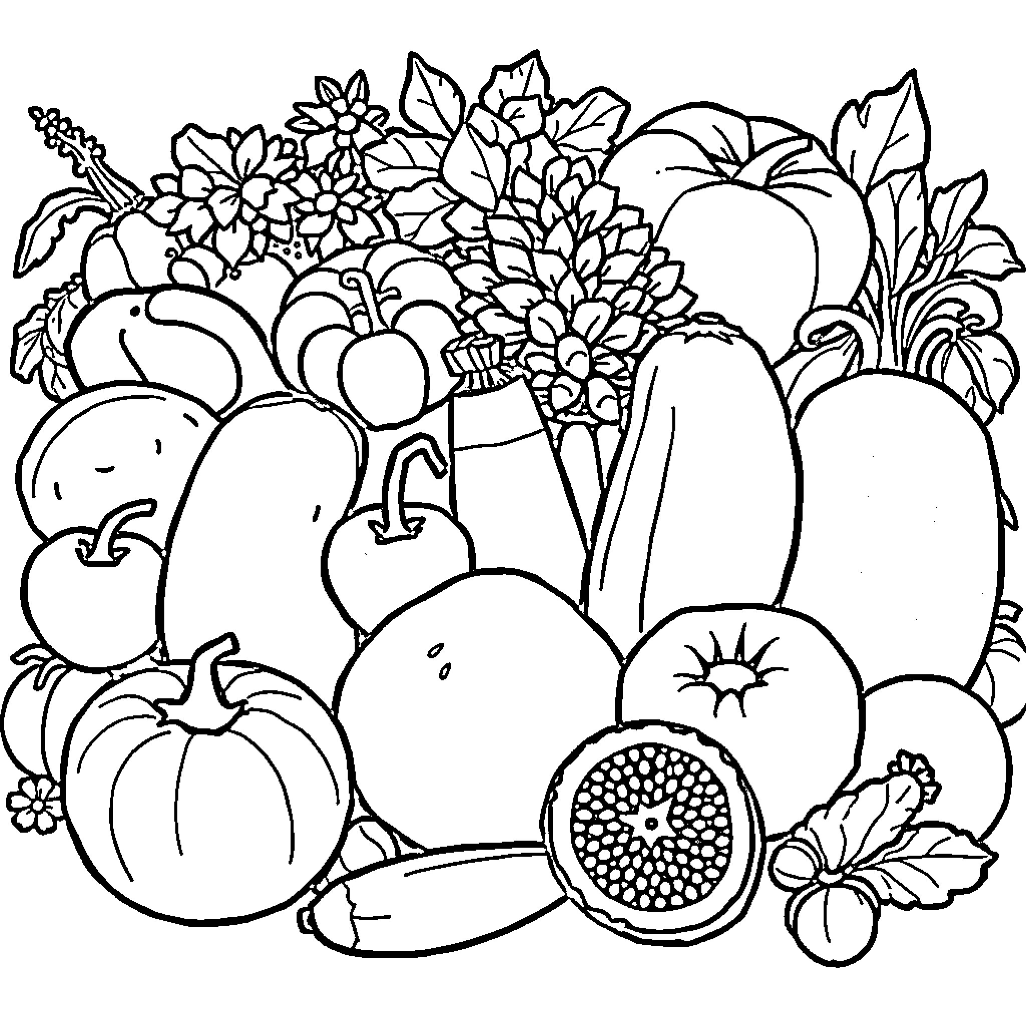 Fruit and Vegetable Assortment in Monochrome Coloring Page (free black-and-white line drawing printable PDF for all, from beginners to advanced learners, including children, teens, adults, and seniors)