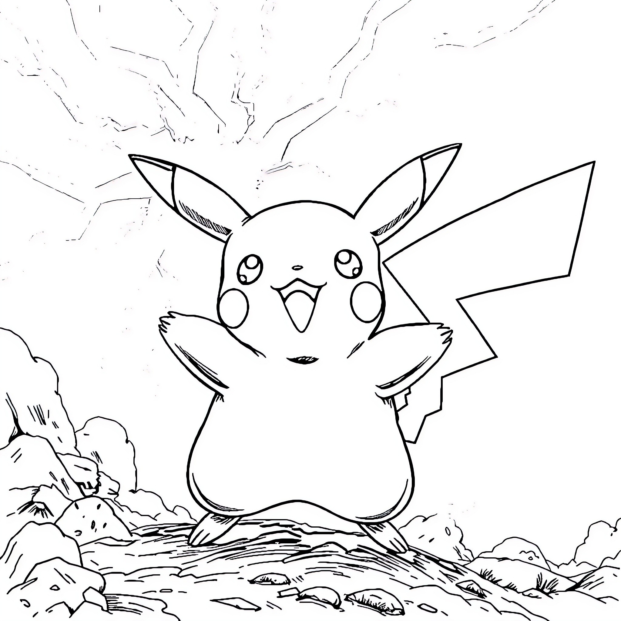 Pikachu appearing surprised in a nature scene Coloring Page (free black-and-white line drawing printable PDF for all, from beginners to advanced learners, including children, teens, adults, and seniors)