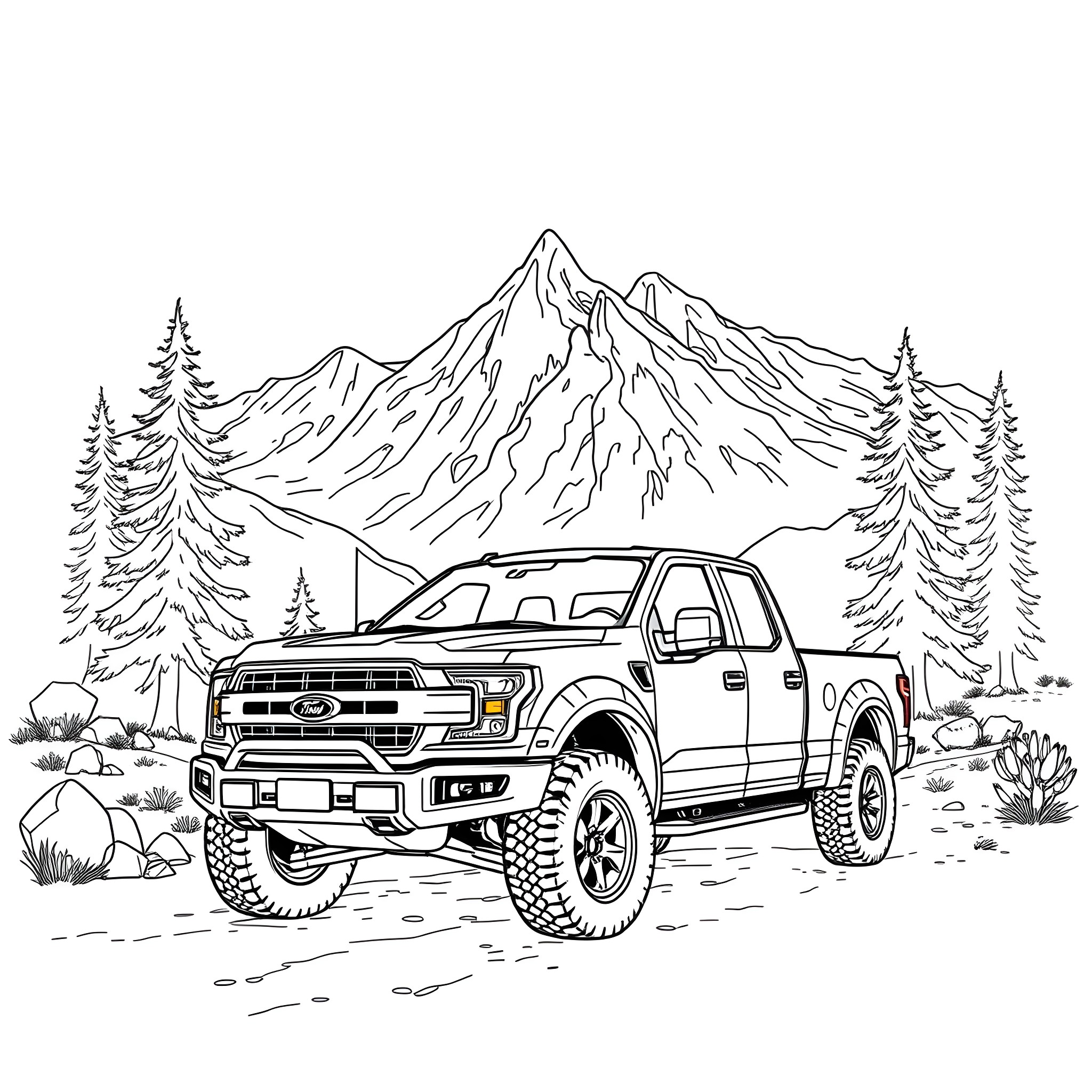 Pick Up Truck Traversing Rocky Terrain in the Mountains Coloring Page (free black-and-white line drawing printable PDF for all, from beginners to advanced learners, including children, teens, adults, and seniors)