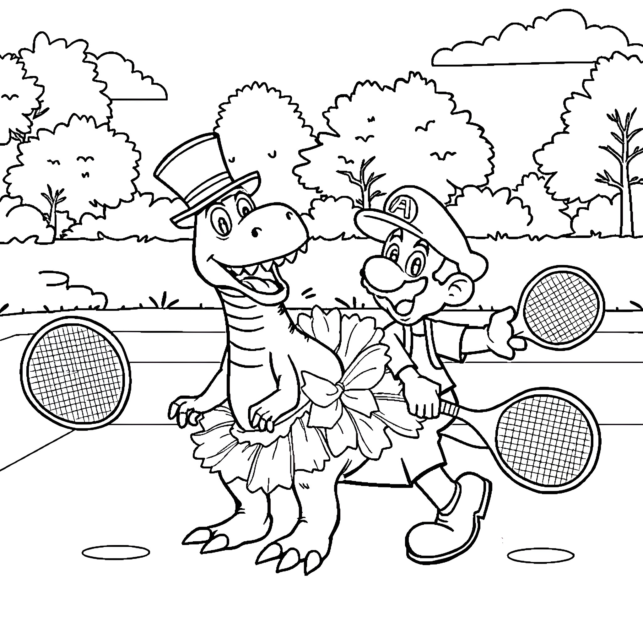 Dinosaur and plumber playing tennis on the court Coloring Page (free black-and-white line drawing printable PDF for all, from beginners to advanced learners, including children, teens, adults, and seniors)