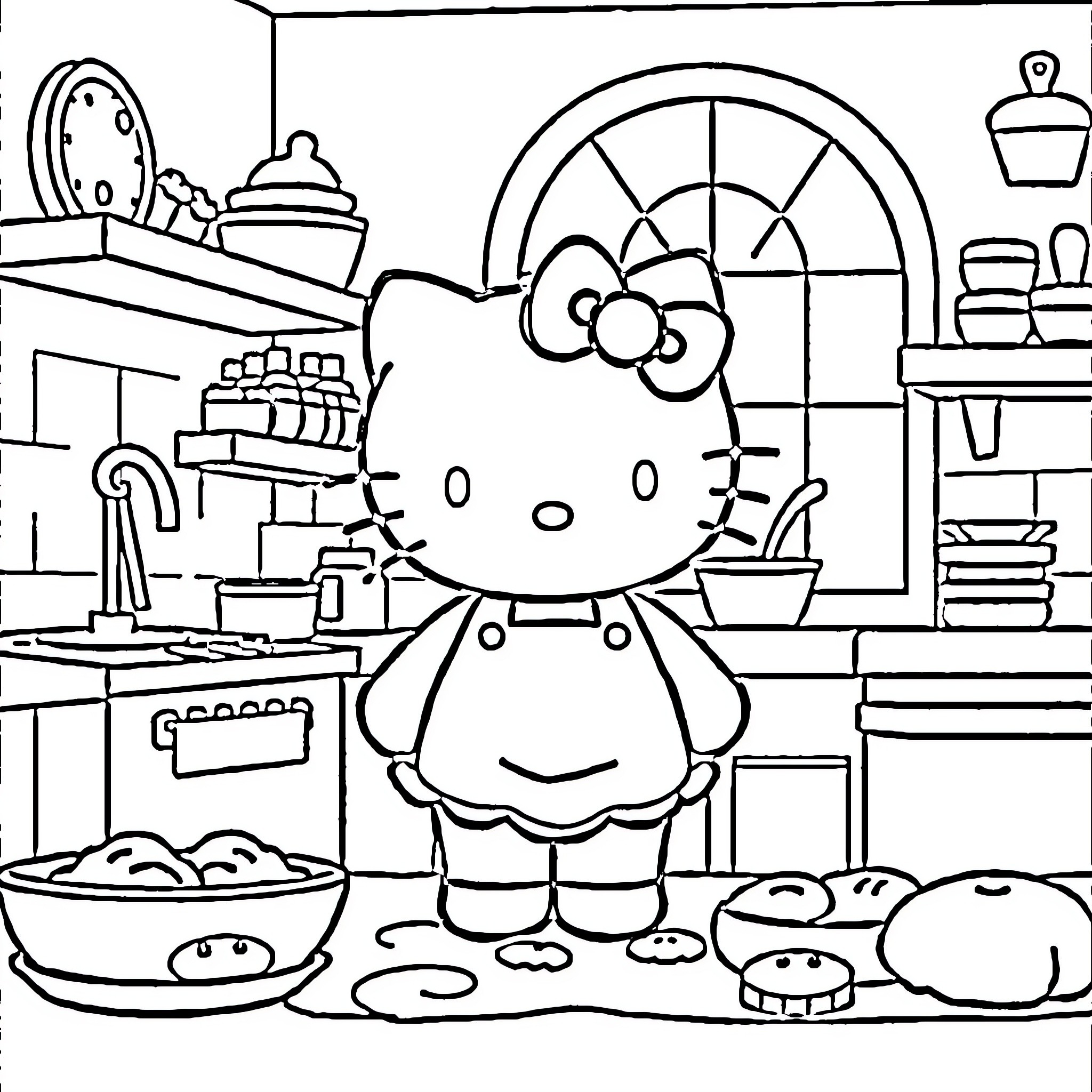Hello Kitty baking treats in the kitchen Coloring Page (free black-and-white line drawing printable PDF for all, from beginners to advanced learners, including children, teens, adults, and seniors)