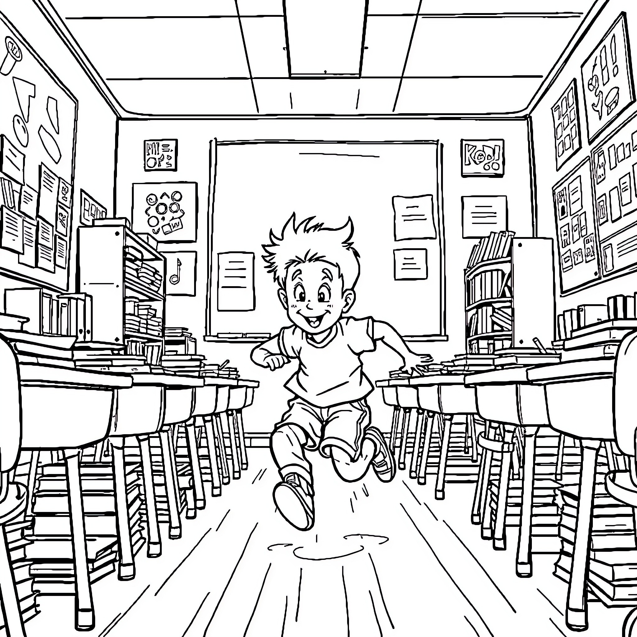Child playing happily in an empty classroom Coloring Page (free black-and-white line drawing printable PDF for all, from beginners to advanced learners, including children, teens, adults, and seniors)