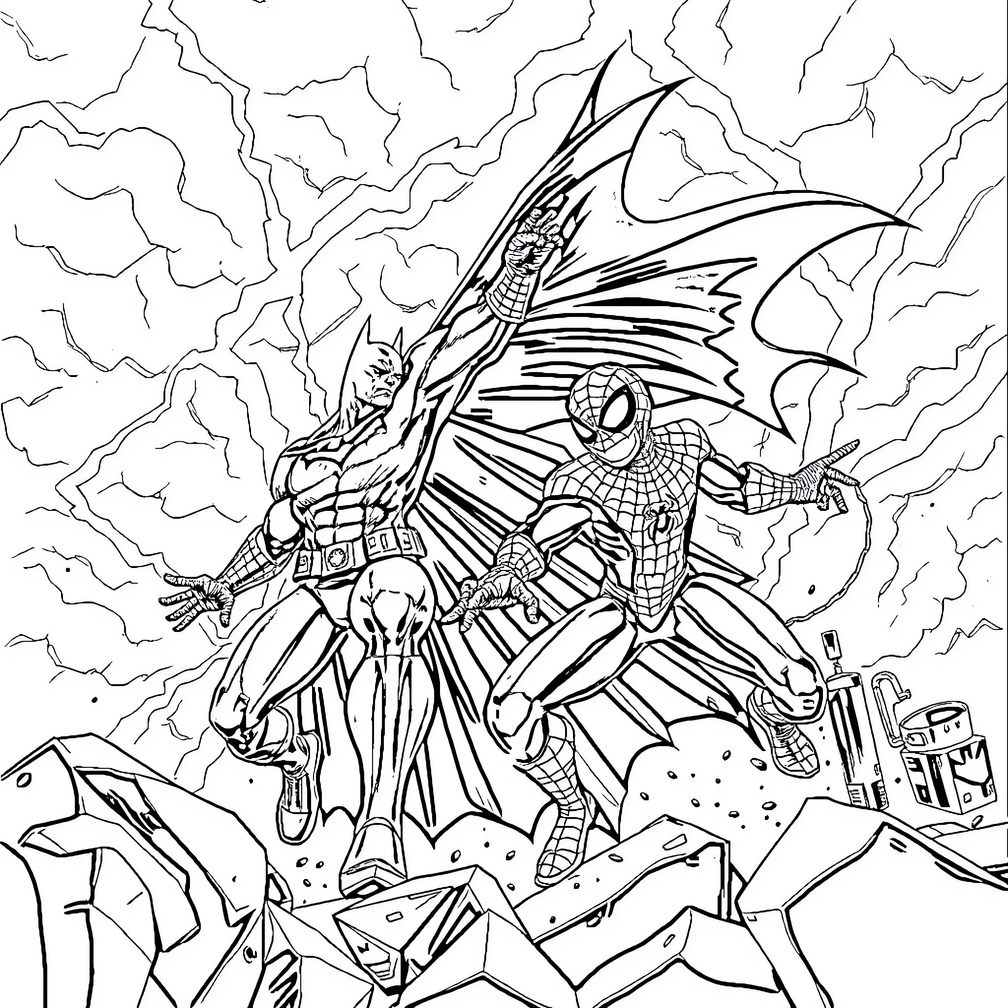 Batman taking flight through the city Coloring Page (free black-and-white line drawing printable PDF for all, from beginners to advanced learners, including children, teens, adults, and seniors)