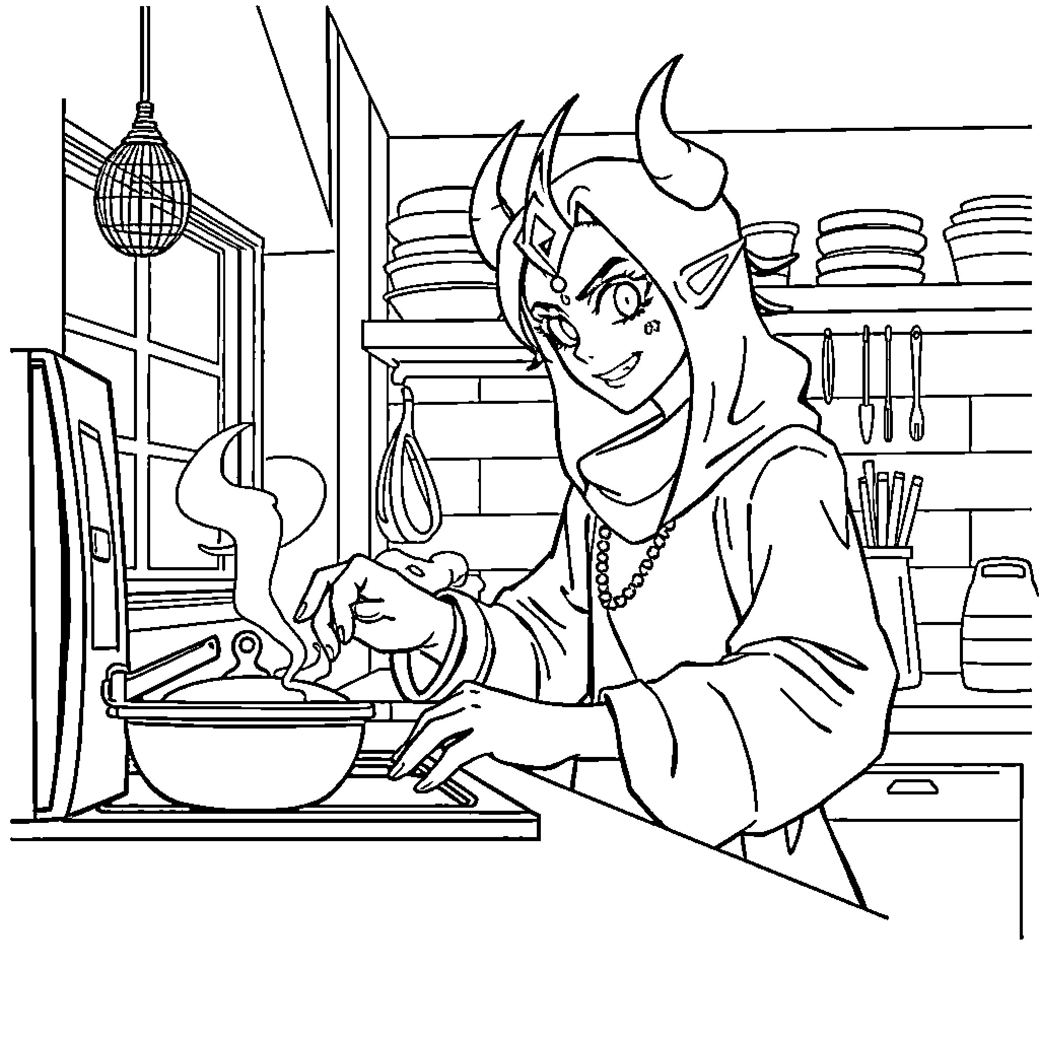 Rumi's Culinary Delight in the Kitchen Coloring Page (free black-and-white line drawing printable PDF for all, from beginners to advanced learners, including children, teens, adults, and seniors)