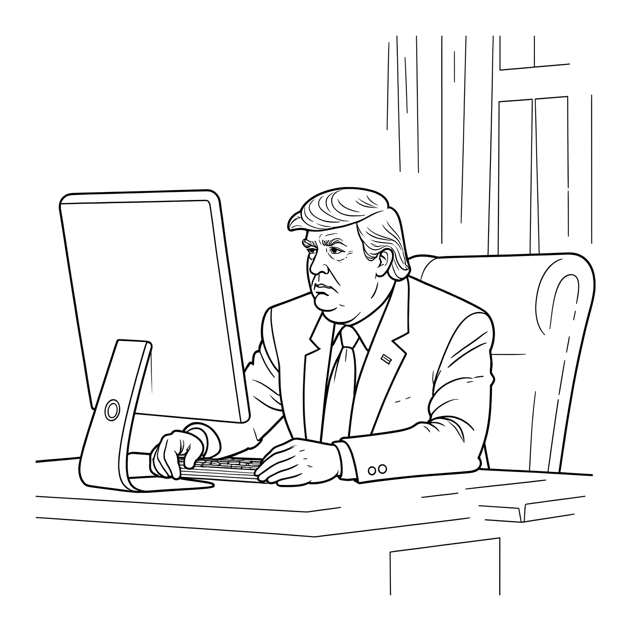 Donald Trump Sitting at Desk and Working on Computer Coloring Page (free black-and-white line drawing printable PDF for all, from beginners to advanced learners, including children, teens, adults, and seniors)