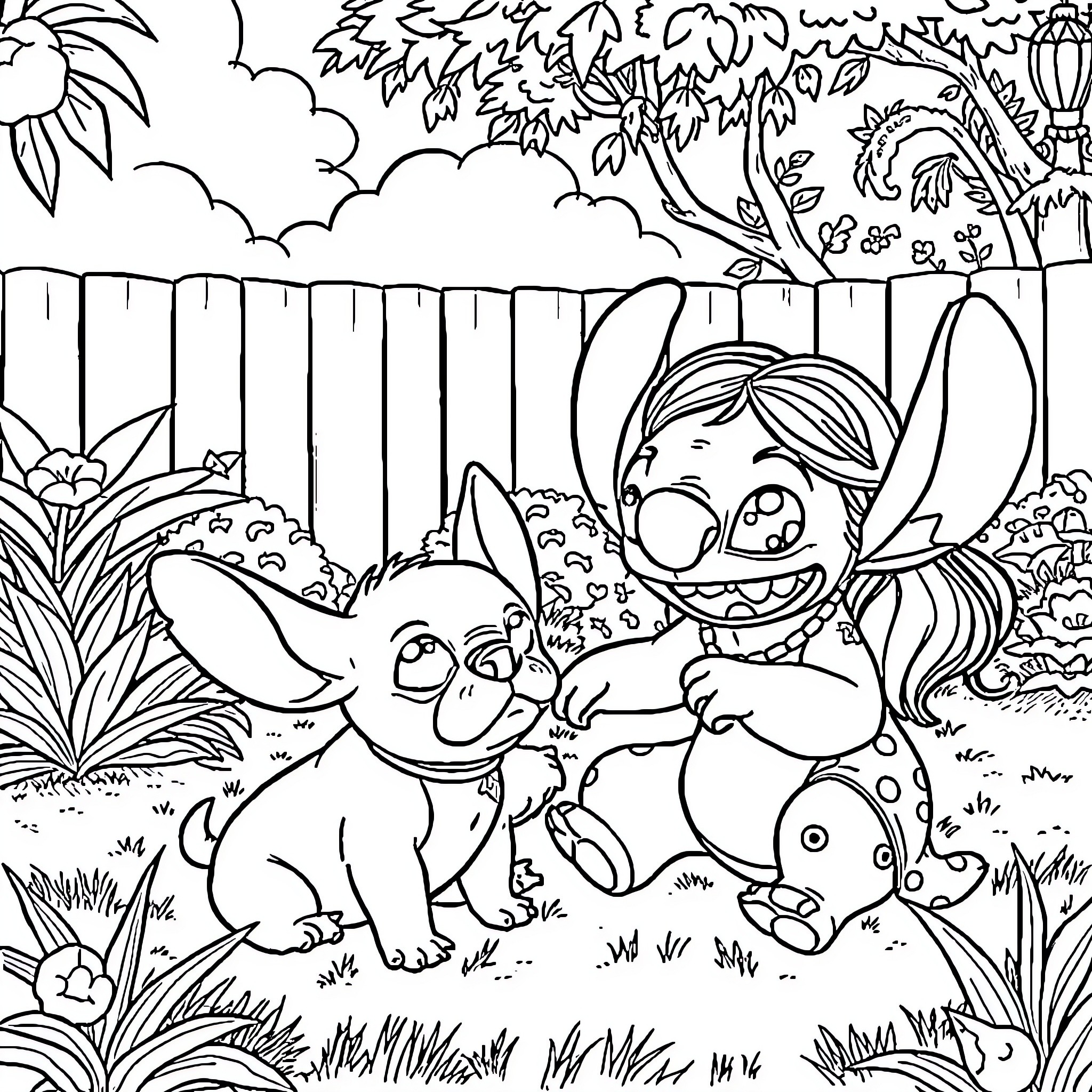 Lilo playing with Stitch in the garden Coloring Page (free black-and-white line drawing printable PDF for all, from beginners to advanced learners, including children, teens, adults, and seniors)